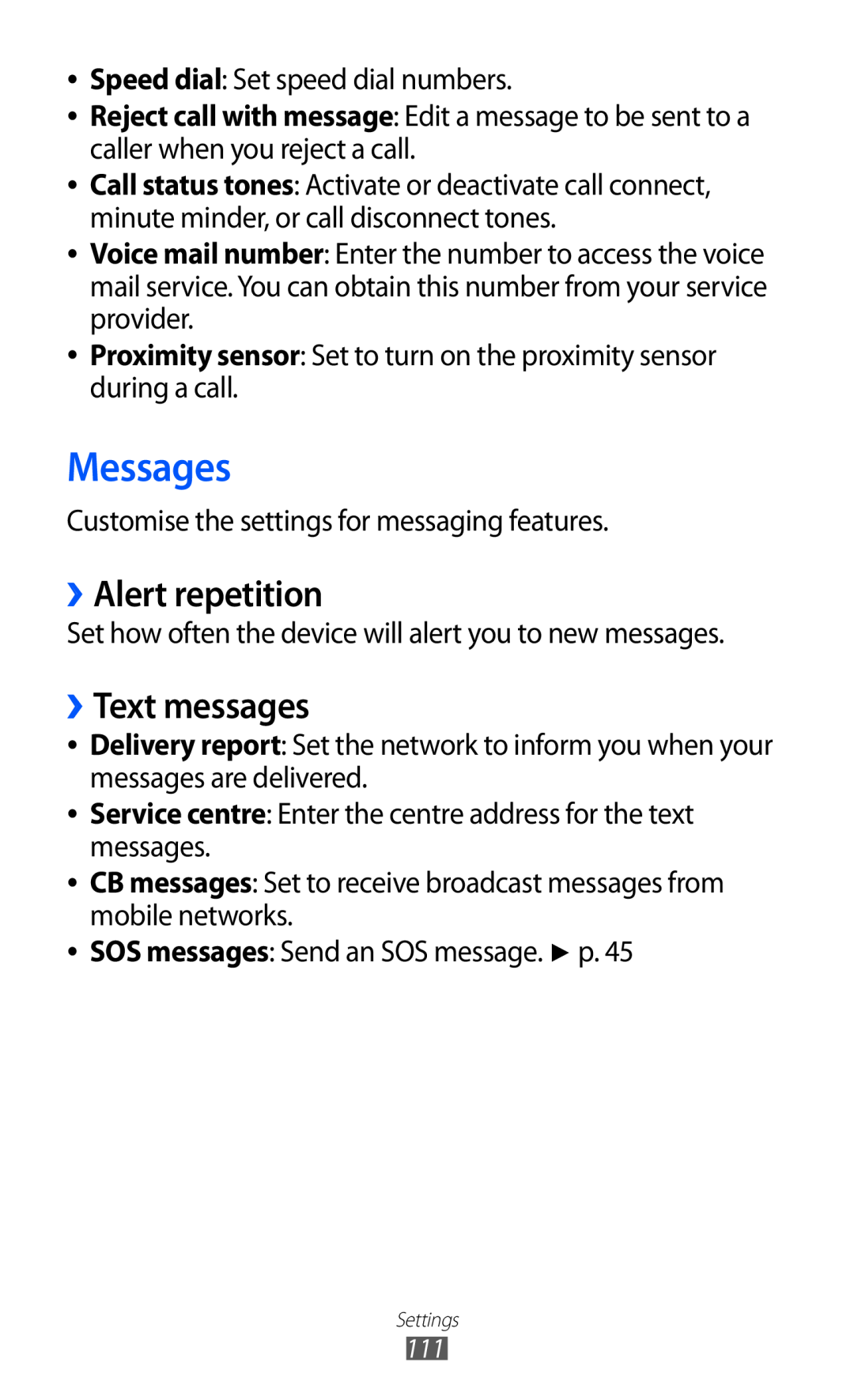 Samsung GT-S5380SSDPHE, GT-S5380SSADBT, GT-S5380WRGDBT, GT-S5380SSDDBT manual ››Alert repetition, ››Text messages, Messages 