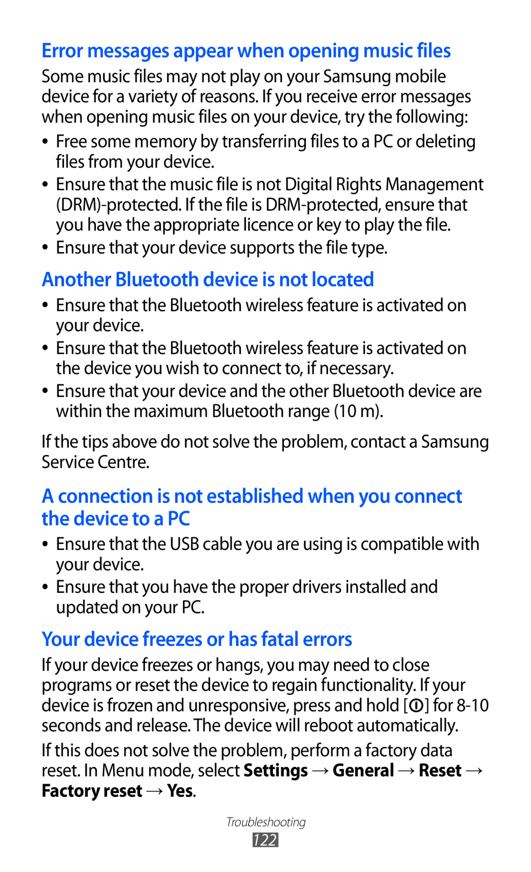 Samsung GT-S5380SSDDBT, GT-S5380SSADBT Another Bluetooth device is not located, Your device freezes or has fatal errors 