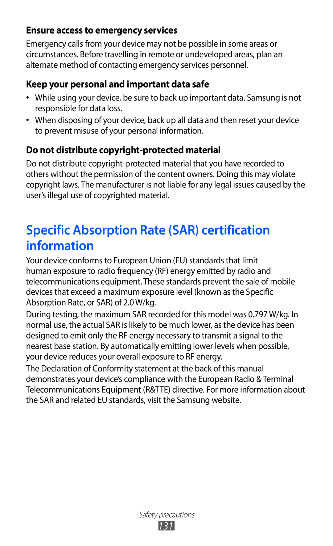 Samsung GT-S5380SSASFR manual Specific Absorption Rate SAR certification information, Ensure access to emergency services 