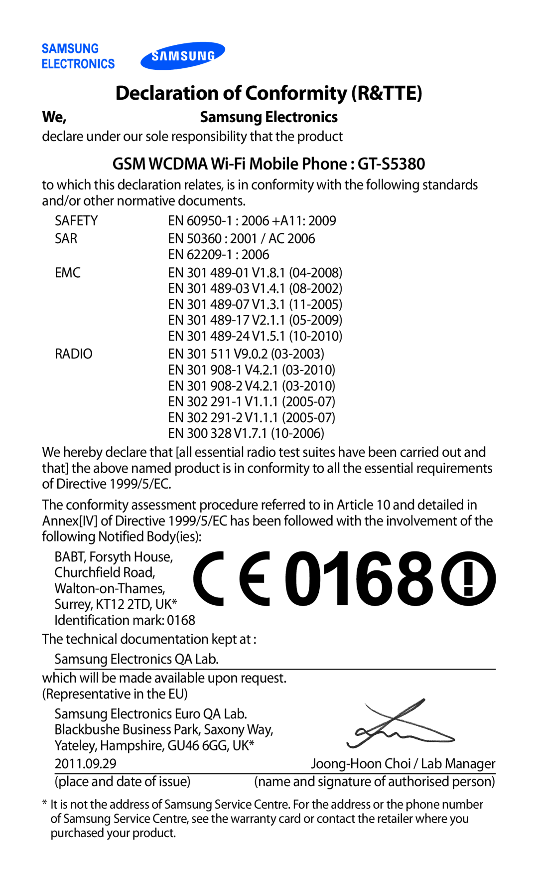 Samsung GT-S5380SSAPHE, GT-S5380SSADBT manual Declaration of Conformity R&TTE, GSM WCDMA Wi-Fi Mobile Phone GT-S5380 