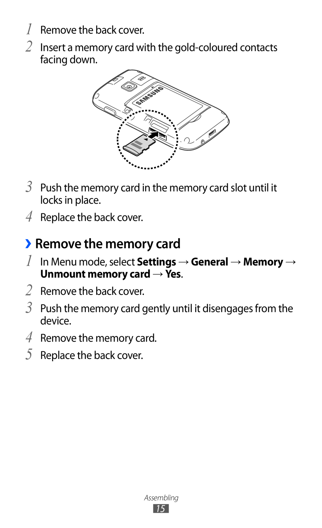 Samsung GT-S5380SSAOMN, GT-S5380SSADBT manual ››Remove the memory card, Remove the memory card. Replace the back cover 