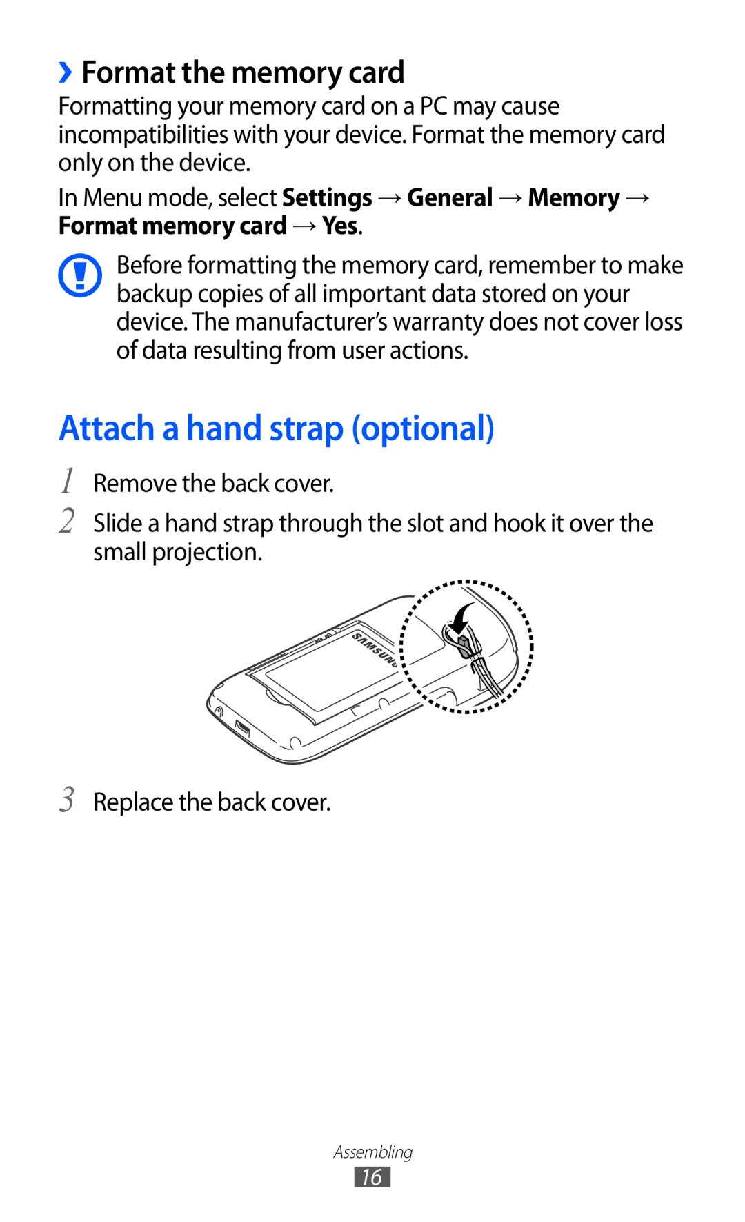 Samsung GT-S5380CSAITV, GT-S5380SSADBT, GT-S5380WRGDBT manual Attach a hand strap optional, ››Format the memory card 