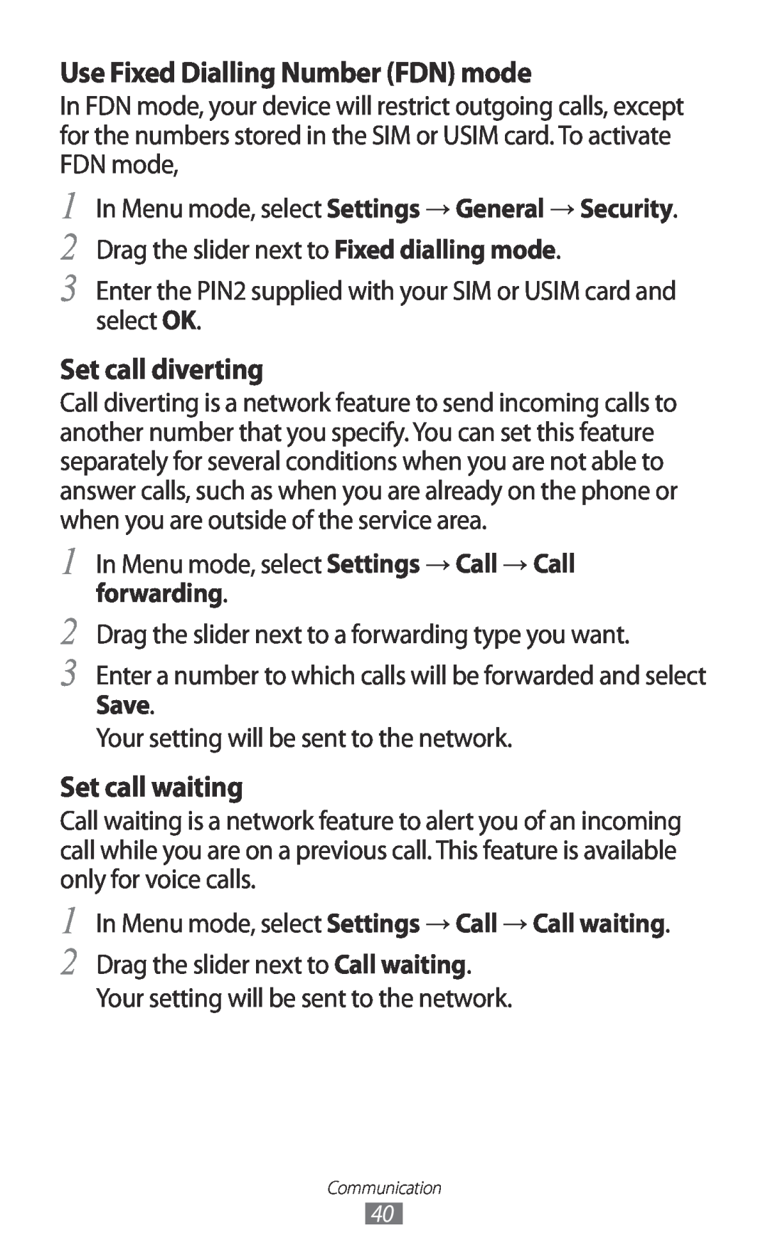 Samsung GT-S5380PWABOG, GT-S5380SSADBT manual Use Fixed Dialling Number FDN mode, Set call diverting, Set call waiting 