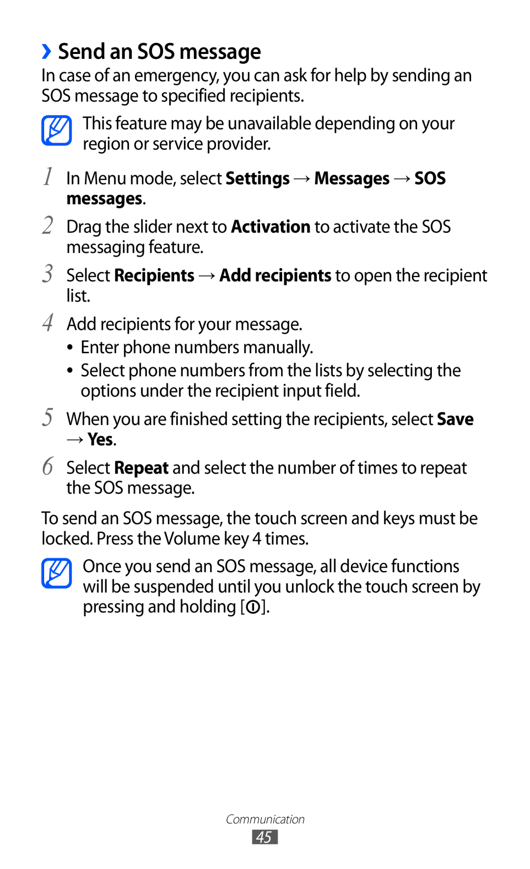 Samsung GT-S5380SSAOMN manual ››Send an SOS message, Select Recipients → Add recipients to open the recipient list, → Yes 