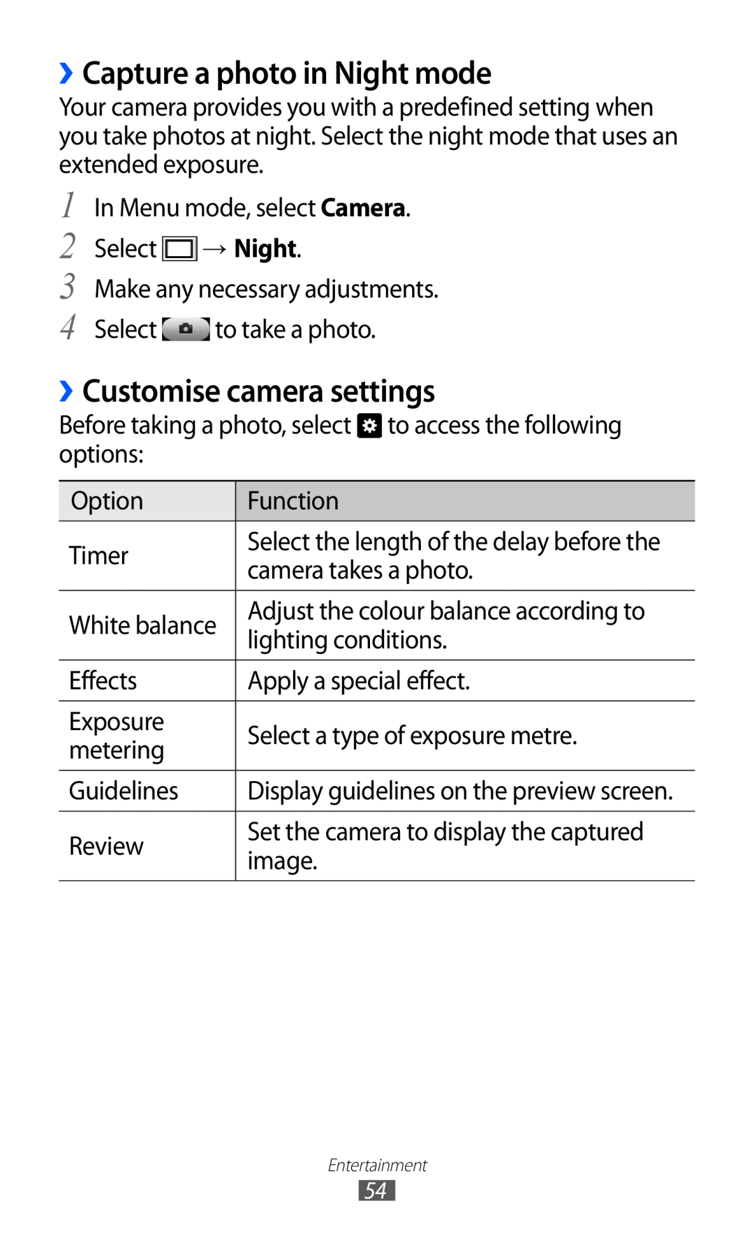 Samsung GT-S5380SSAXEZ, GT-S5380SSADBT, GT-S5380WRGDBT manual ››Capture a photo in Night mode, ››Customise camera settings 