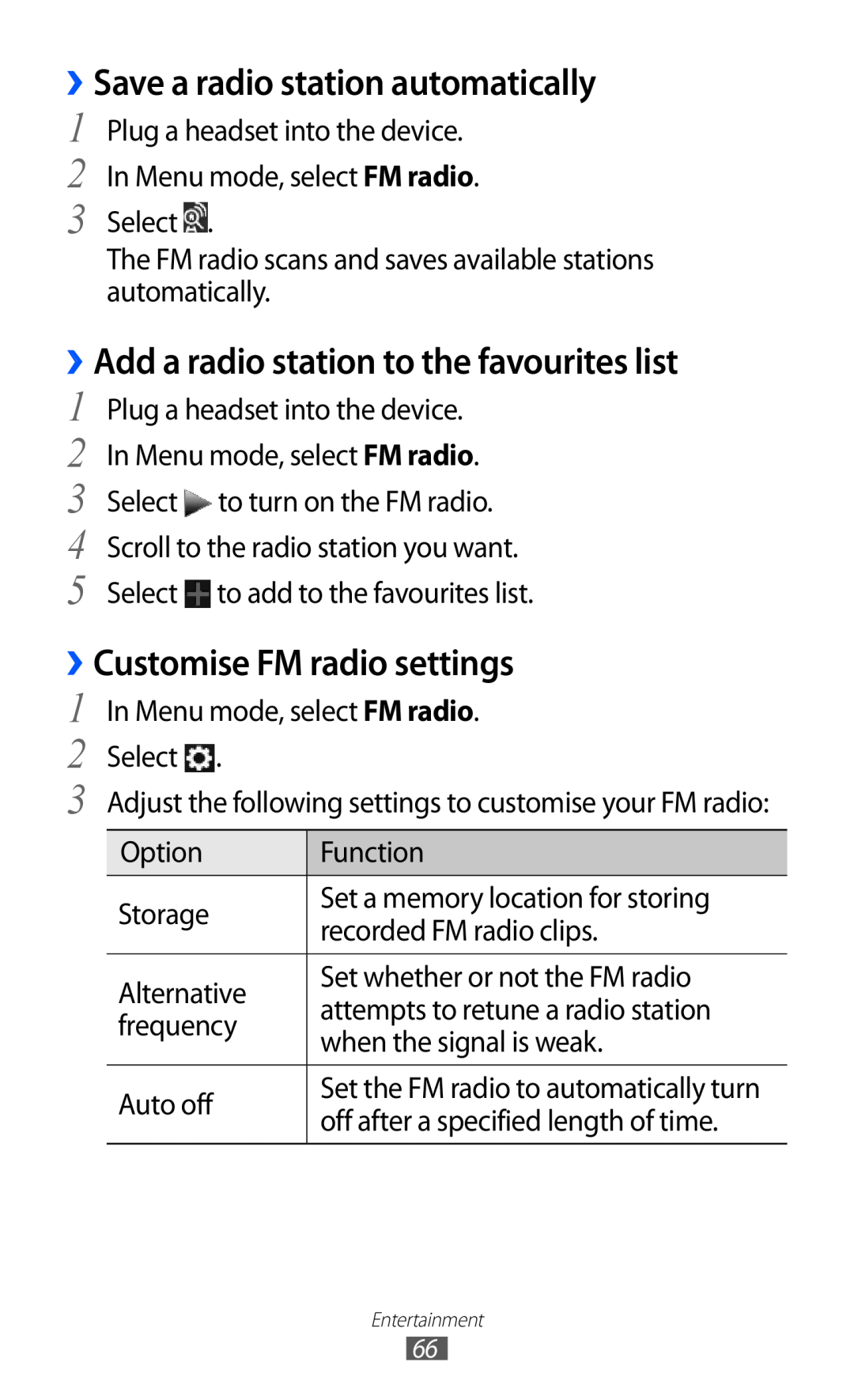 Samsung GT-S5380SSABOG, GT-S5380SSADBT ››Save a radio station automatically, ››Add a radio station to the favourites list 