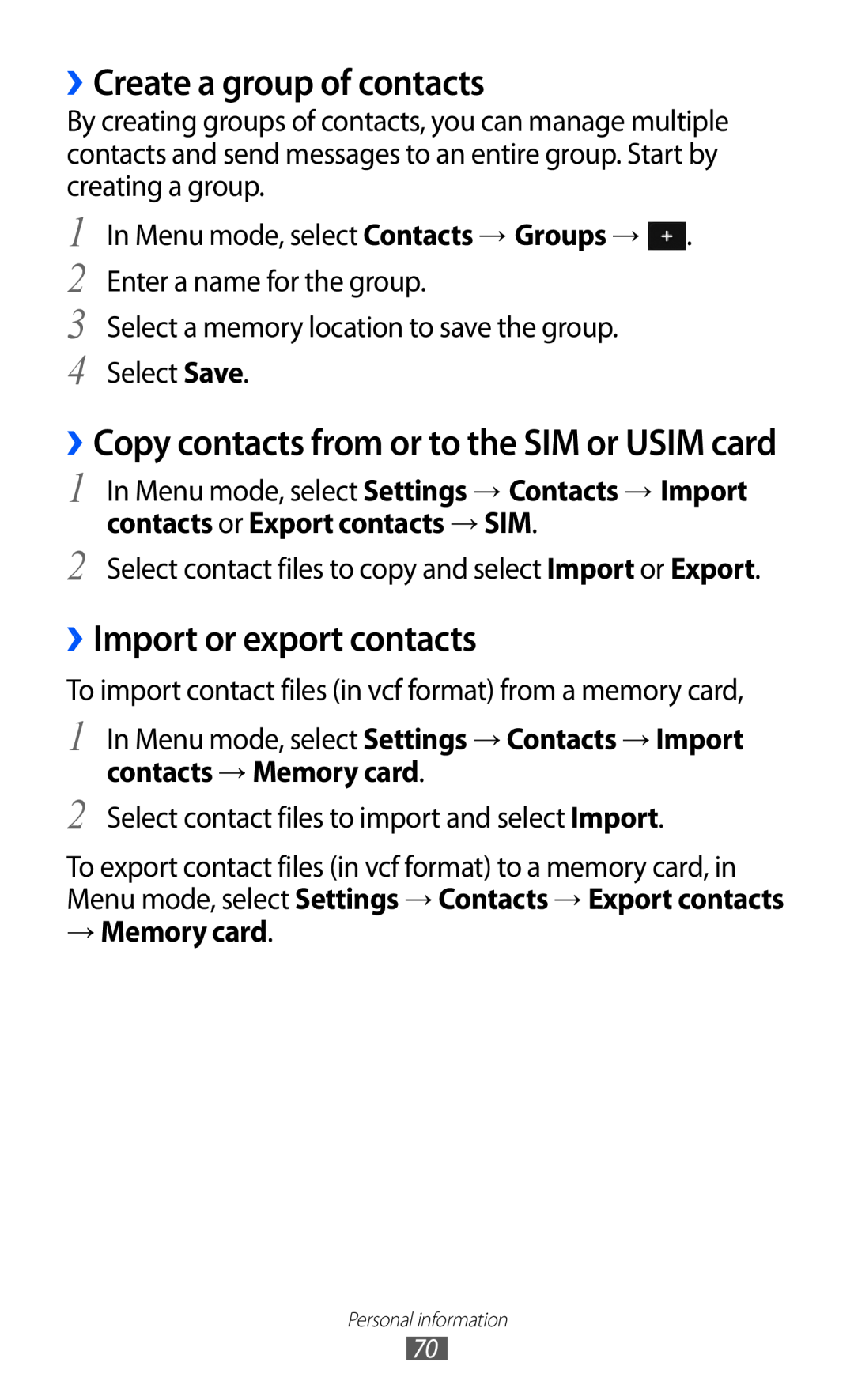 Samsung GT-S5380PWABOG, GT-S5380SSADBT manual ››Create a group of contacts, ››Import or export contacts, → Memory card 