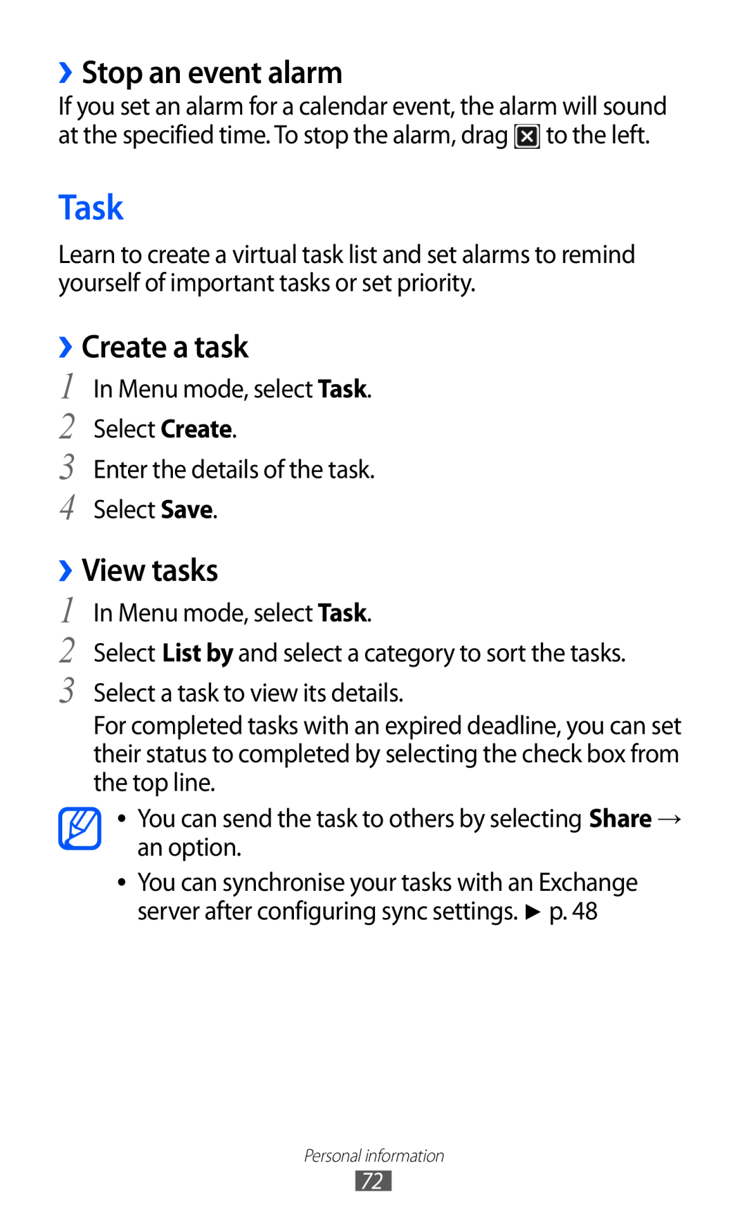 Samsung GT-S5380PWASFR, GT-S5380SSADBT, GT-S5380WRGDBT manual Task, ››Stop an event alarm, ››Create a task, ››View tasks 