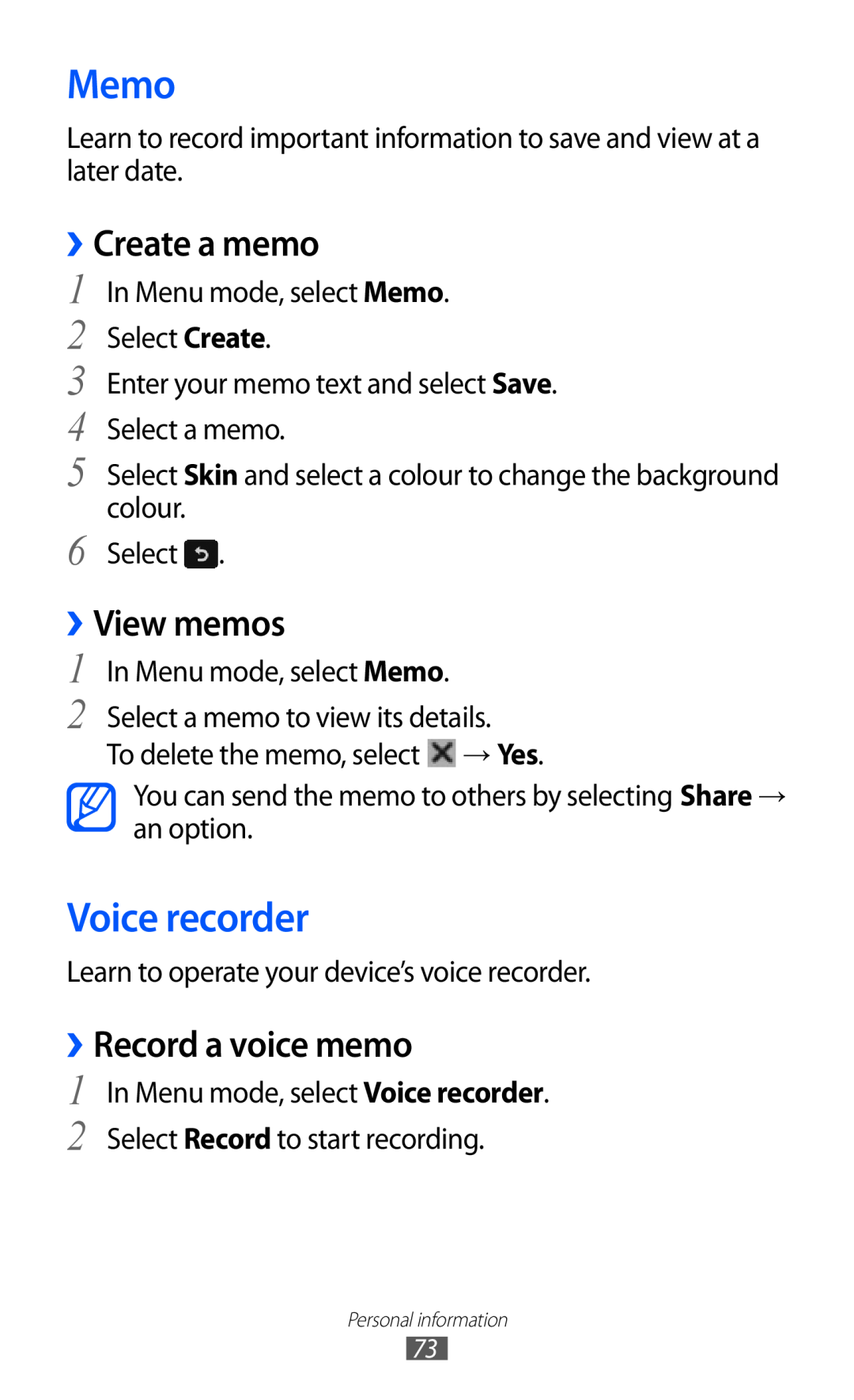 Samsung GT-S5380SSAWIN, GT-S5380SSADBT manual Memo, Voice recorder, ››Create a memo, ››View memos, ››Record a voice memo 
