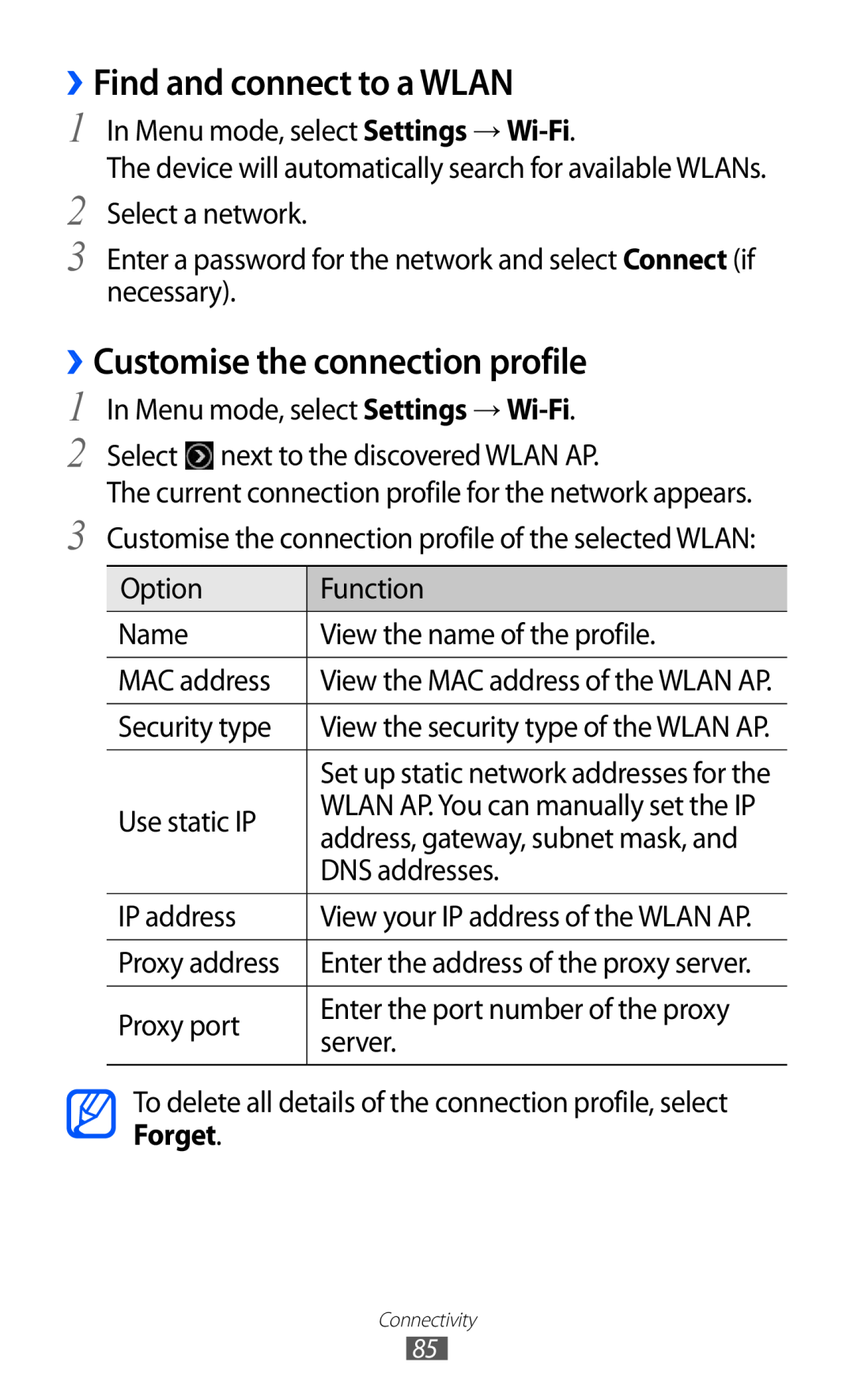 Samsung GT-S5380WRGSEB, GT-S5380SSADBT, GT-S5380WRGDBT ››Find and connect to a WLAN, ››Customise the connection profile 