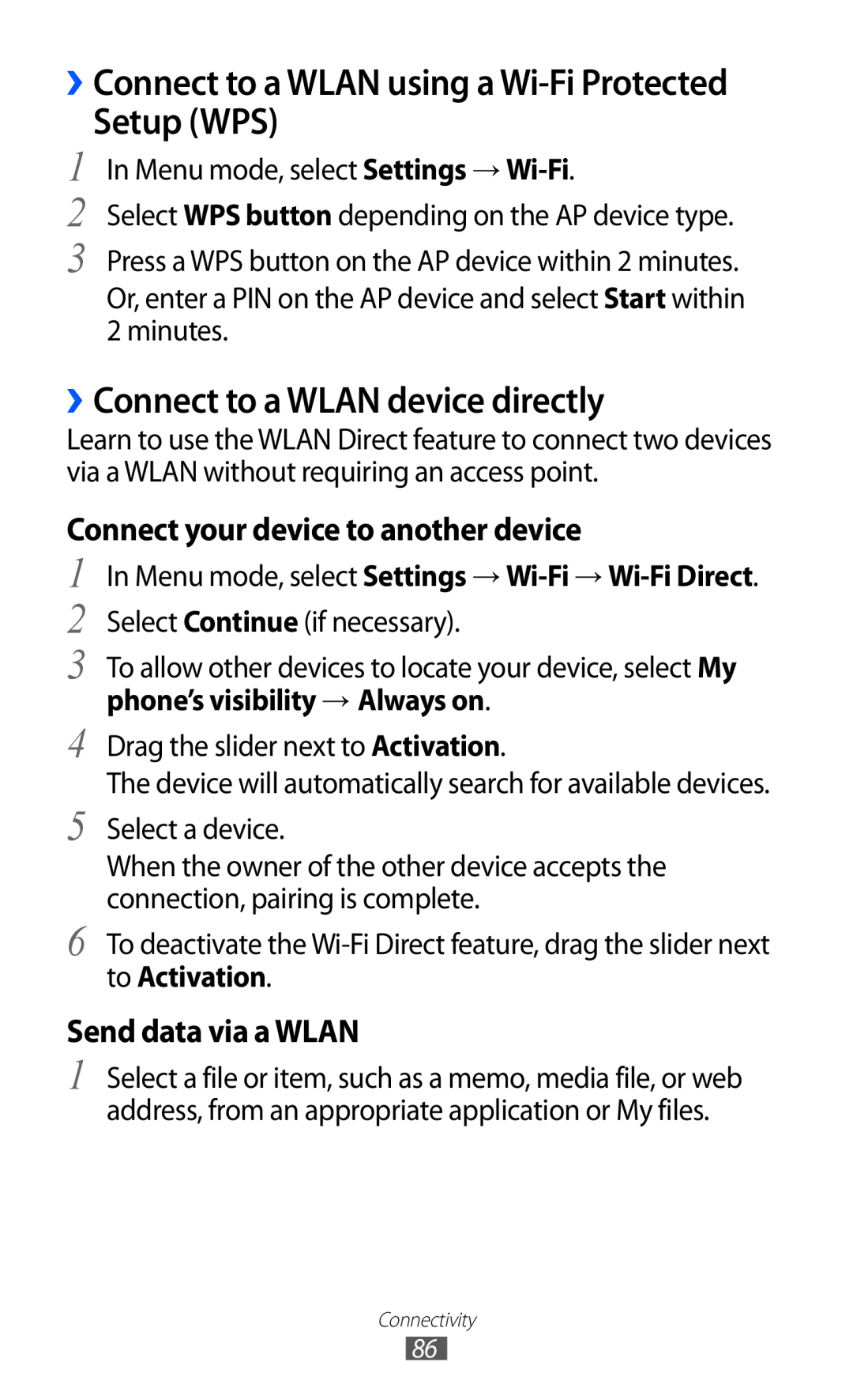 Samsung GT-S5380WRASEB manual Setup WPS, ››Connect to a WLAN device directly, ››Connect to a WLAN using a Wi-Fi Protected 