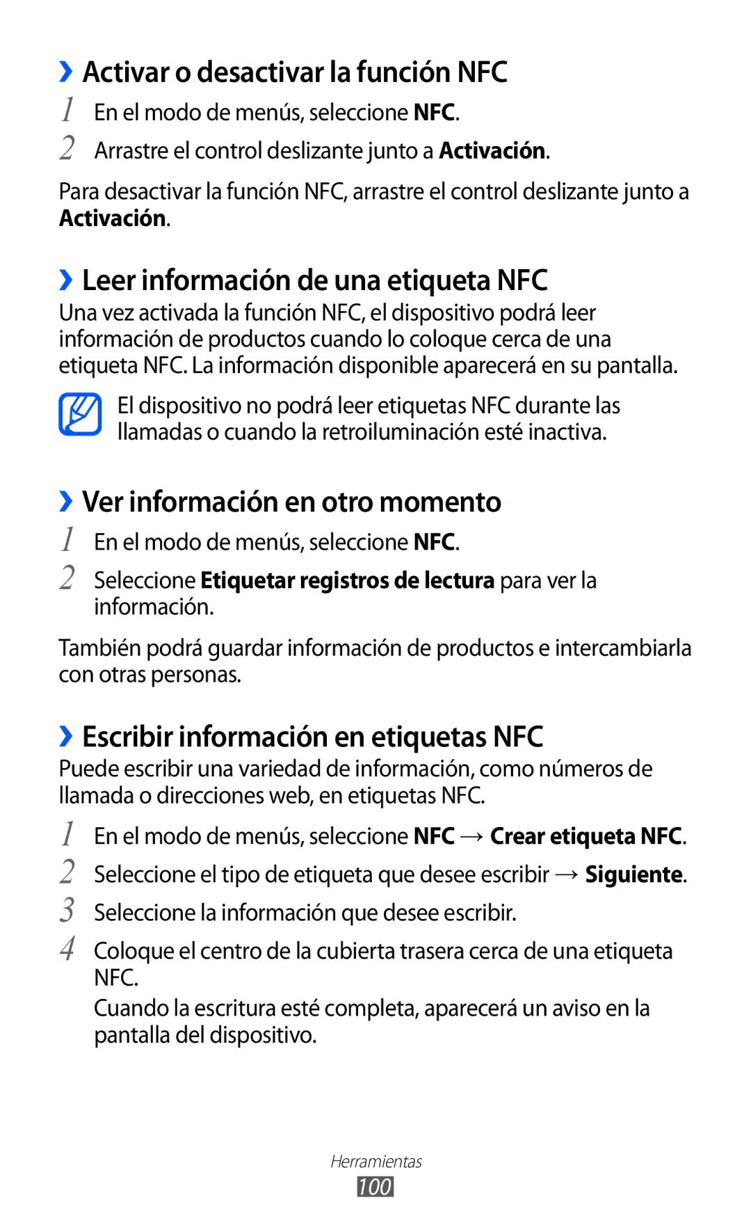 Samsung GT-S5380SSAFOP, GT-S5380SSAPHE manual ››Activar o desactivar la función NFC, ››Leer información de una etiqueta NFC 