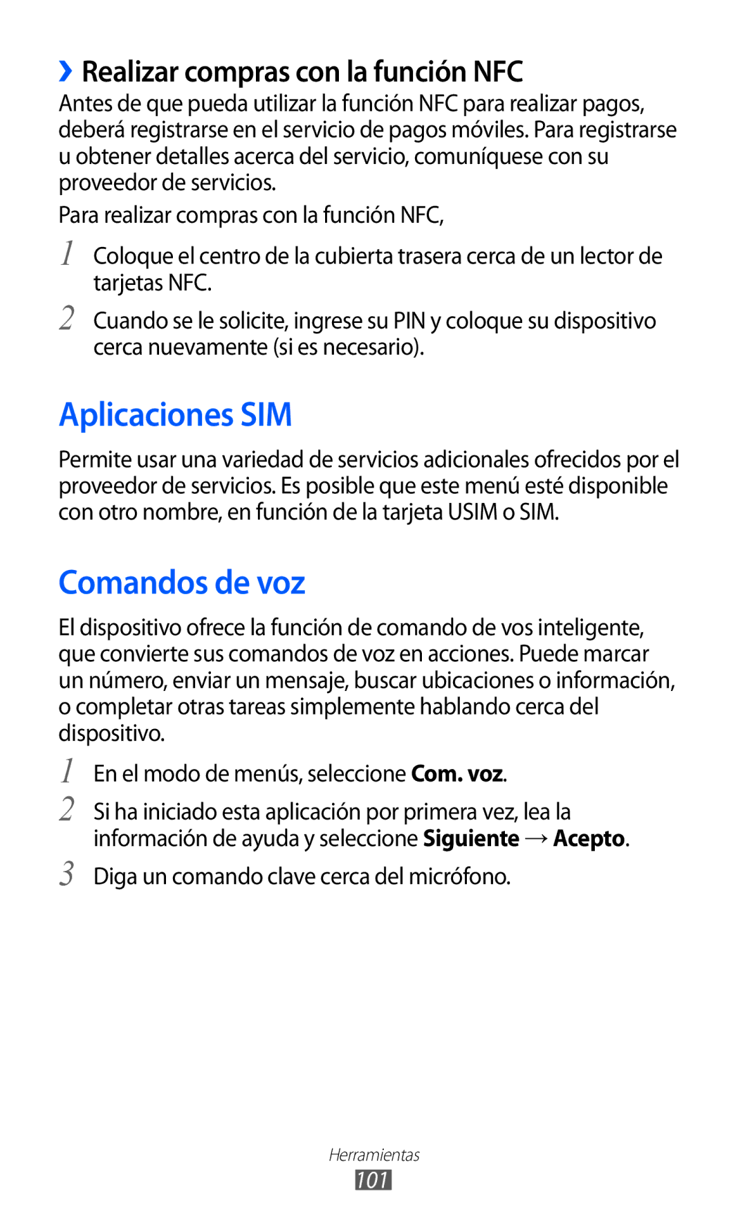 Samsung GT-S5380SSDPHE, GT-S5380SSAPHE manual Aplicaciones SIM, Comandos de voz, ››Realizar compras con la función NFC 