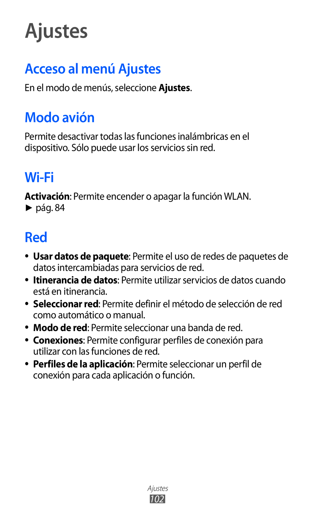 Samsung GT-S5380SSAPHE, GT-S5380SSAFOP, GT-S5380SSDPHE manual Acceso al menú Ajustes, Modo avión, Red 