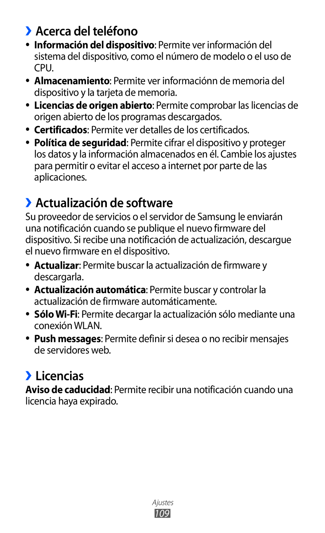 Samsung GT-S5380SSAFOP, GT-S5380SSAPHE, GT-S5380SSDPHE manual ››Acerca del teléfono, ››Actualización de software, ››Licencias 