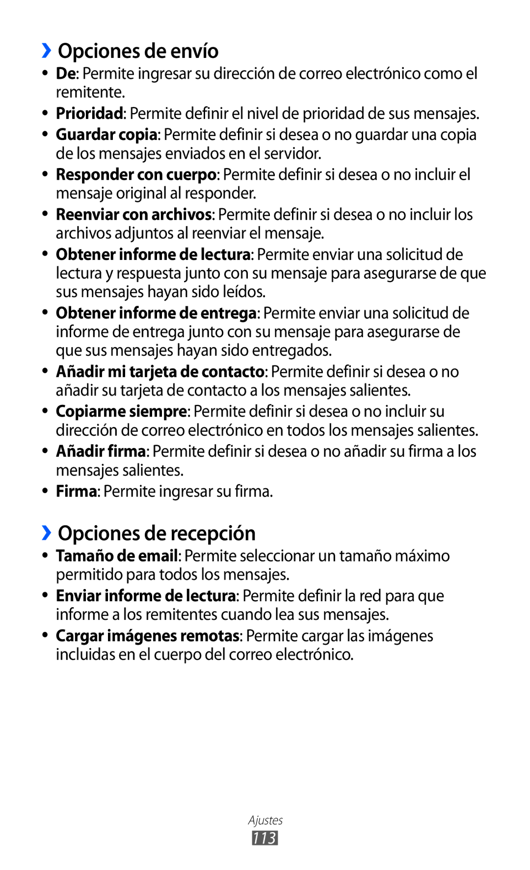 Samsung GT-S5380SSDPHE, GT-S5380SSAPHE, GT-S5380SSAFOP manual ››Opciones de envío, ››Opciones de recepción 