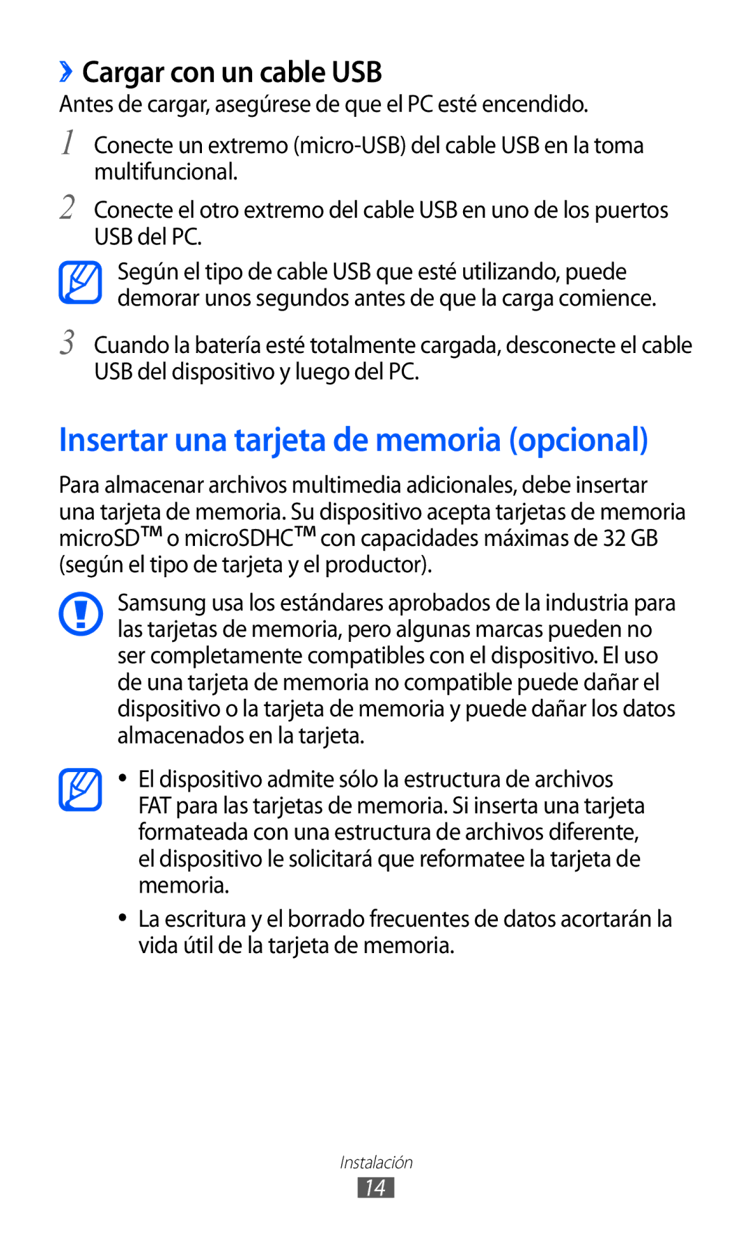 Samsung GT-S5380SSDPHE, GT-S5380SSAPHE, GT-S5380SSAFOP Insertar una tarjeta de memoria opcional, ››Cargar con un cable USB 