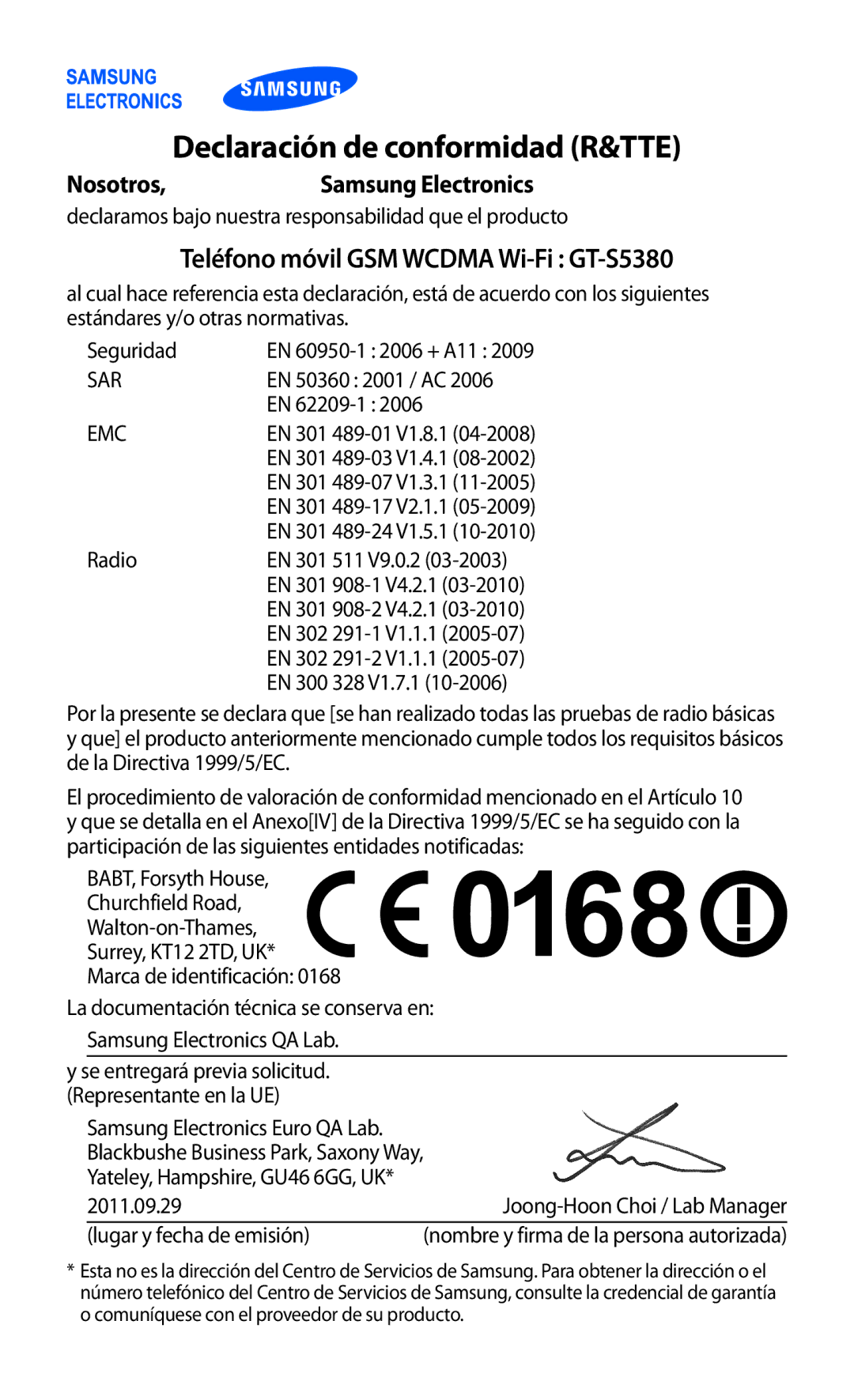 Samsung GT-S5380SSDPHE, GT-S5380SSAPHE manual Declaración de conformidad R&TTE, Teléfono móvil GSM Wcdma Wi-Fi GT-S5380 