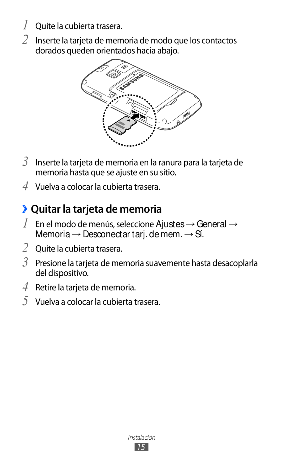 Samsung GT-S5380SSAPHE, GT-S5380SSAFOP, GT-S5380SSDPHE manual ››Quitar la tarjeta de memoria, Quite la cubierta trasera 