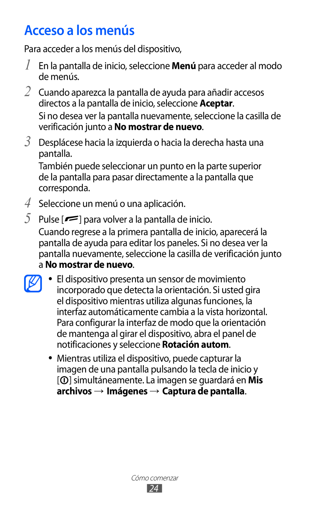 Samsung GT-S5380SSAPHE, GT-S5380SSAFOP, GT-S5380SSDPHE manual Acceso a los menús, Archivos → Imágenes → Captura de pantalla 