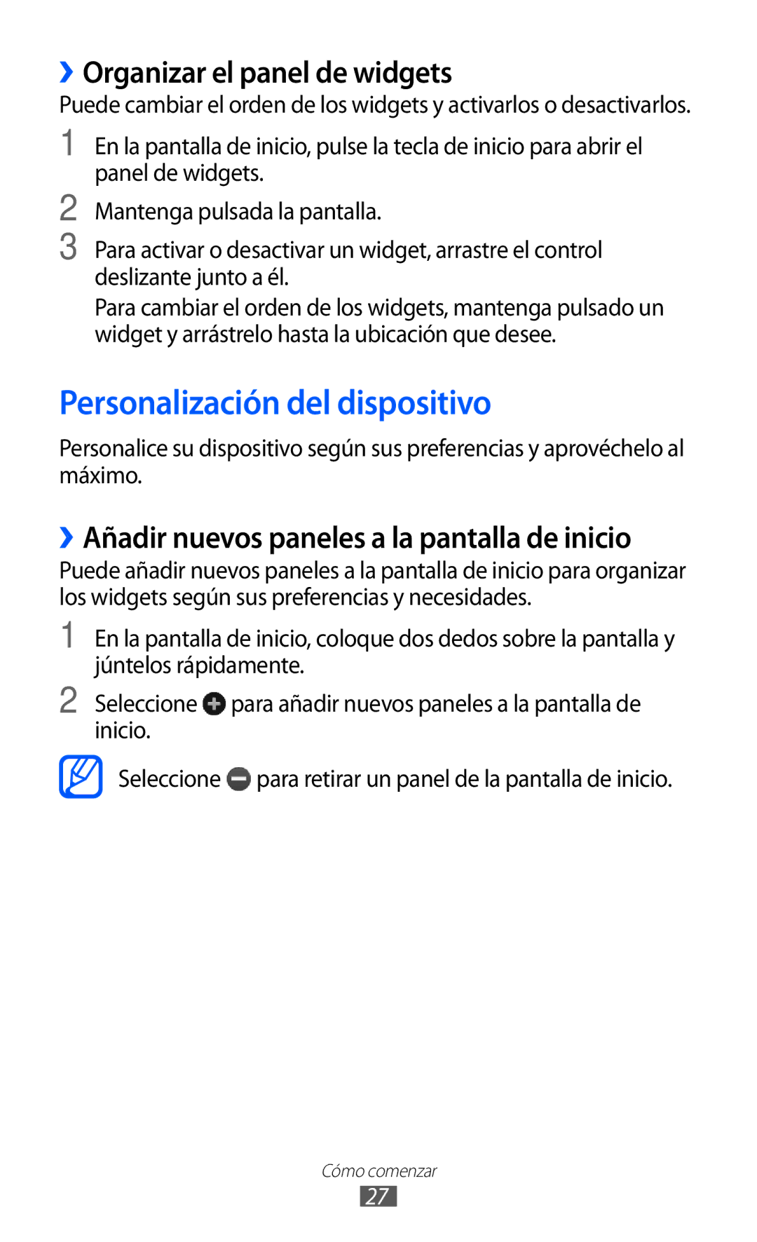 Samsung GT-S5380SSAPHE, GT-S5380SSAFOP, GT-S5380SSDPHE Personalización del dispositivo, ››Organizar el panel de widgets 