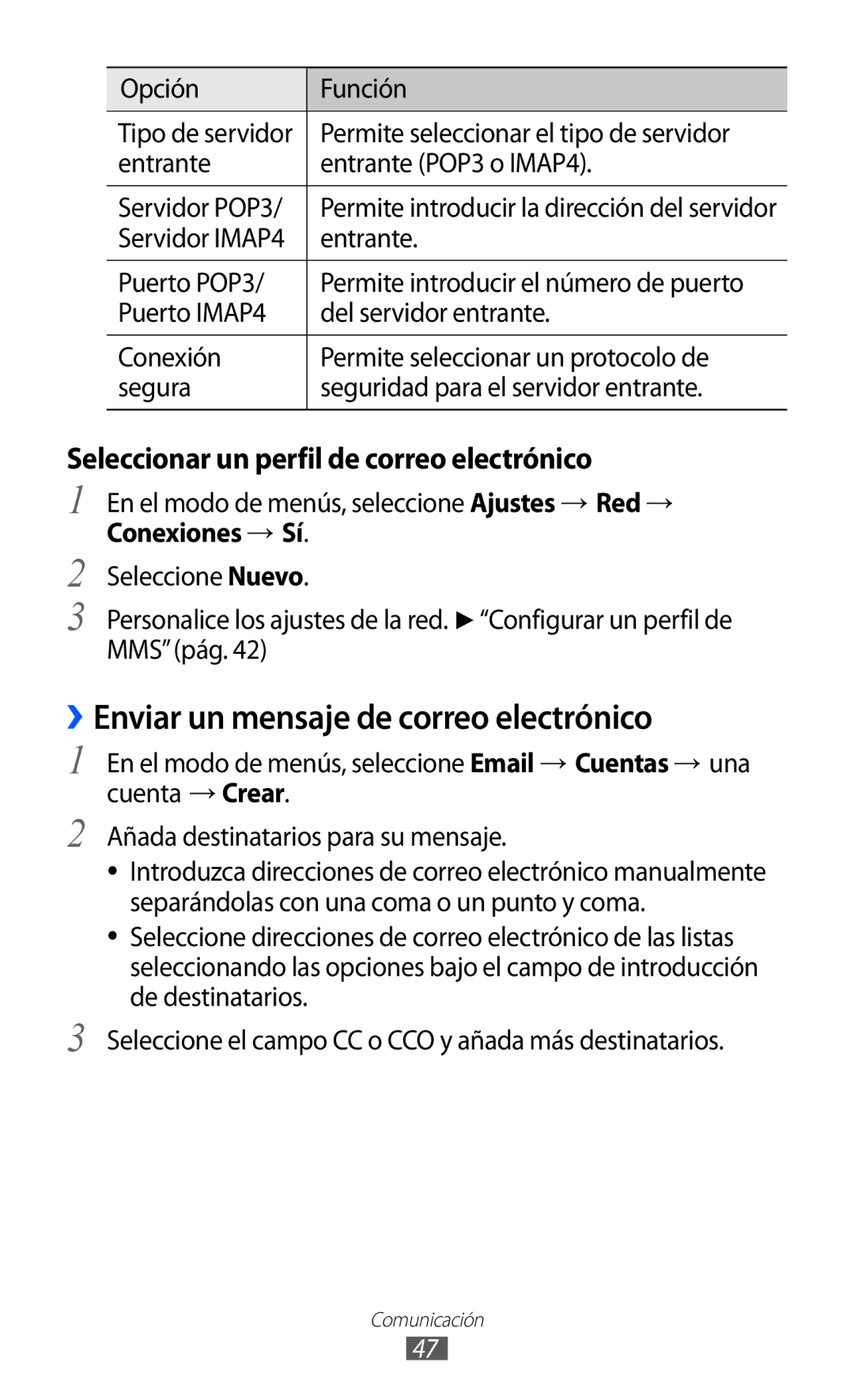 Samsung GT-S5380SSDPHE, GT-S5380SSAPHE manual ››Enviar un mensaje de correo electrónico, Entrante Entrante POP3 o IMAP4 