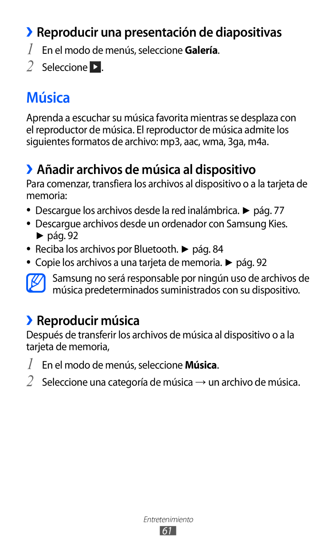 Samsung GT-S5380SSAFOP Música, ››Reproducir una presentación de diapositivas, ››Añadir archivos de música al dispositivo 