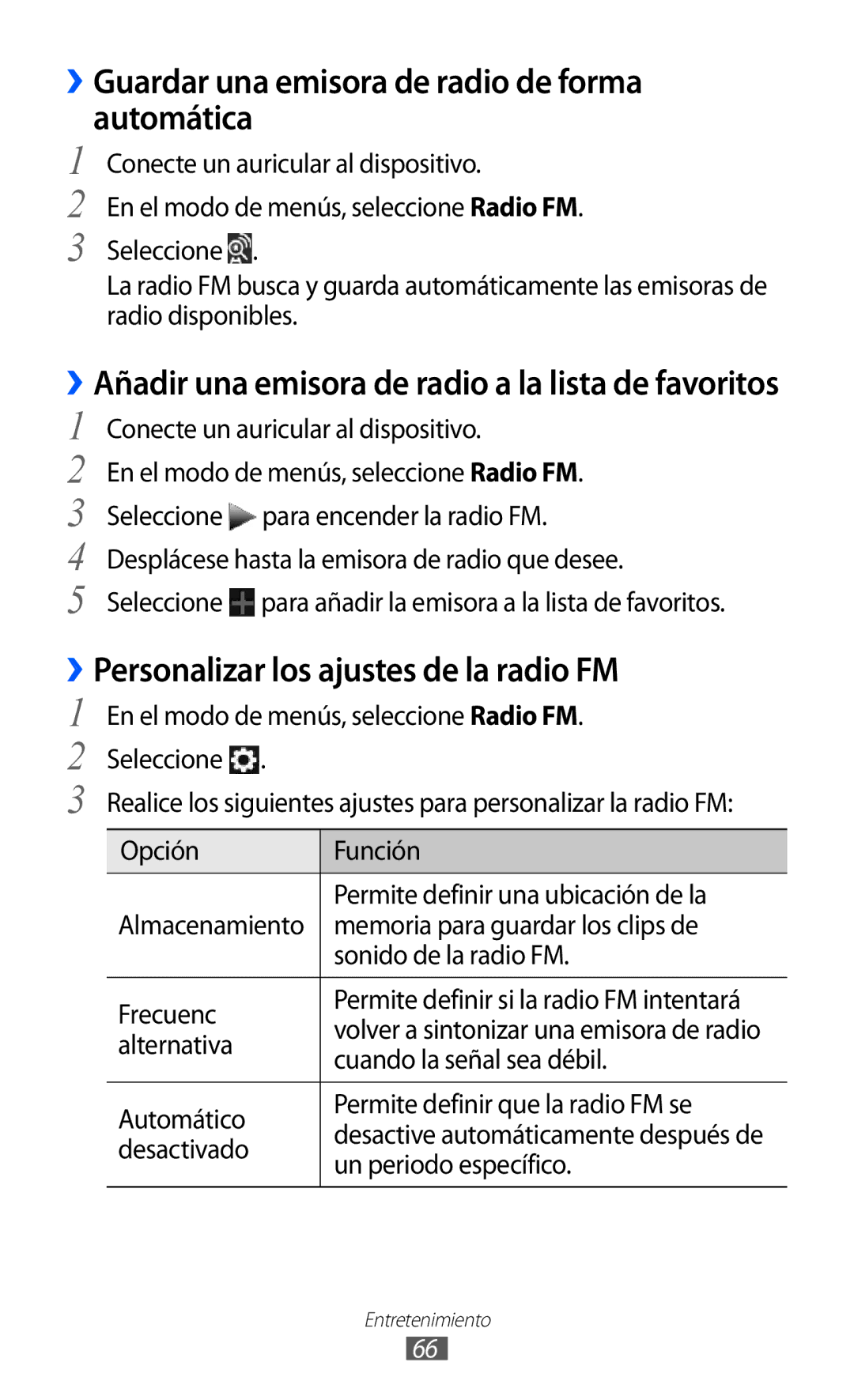 Samsung GT-S5380SSAPHE manual ››Guardar una emisora de radio de forma automática, ››Personalizar los ajustes de la radio FM 