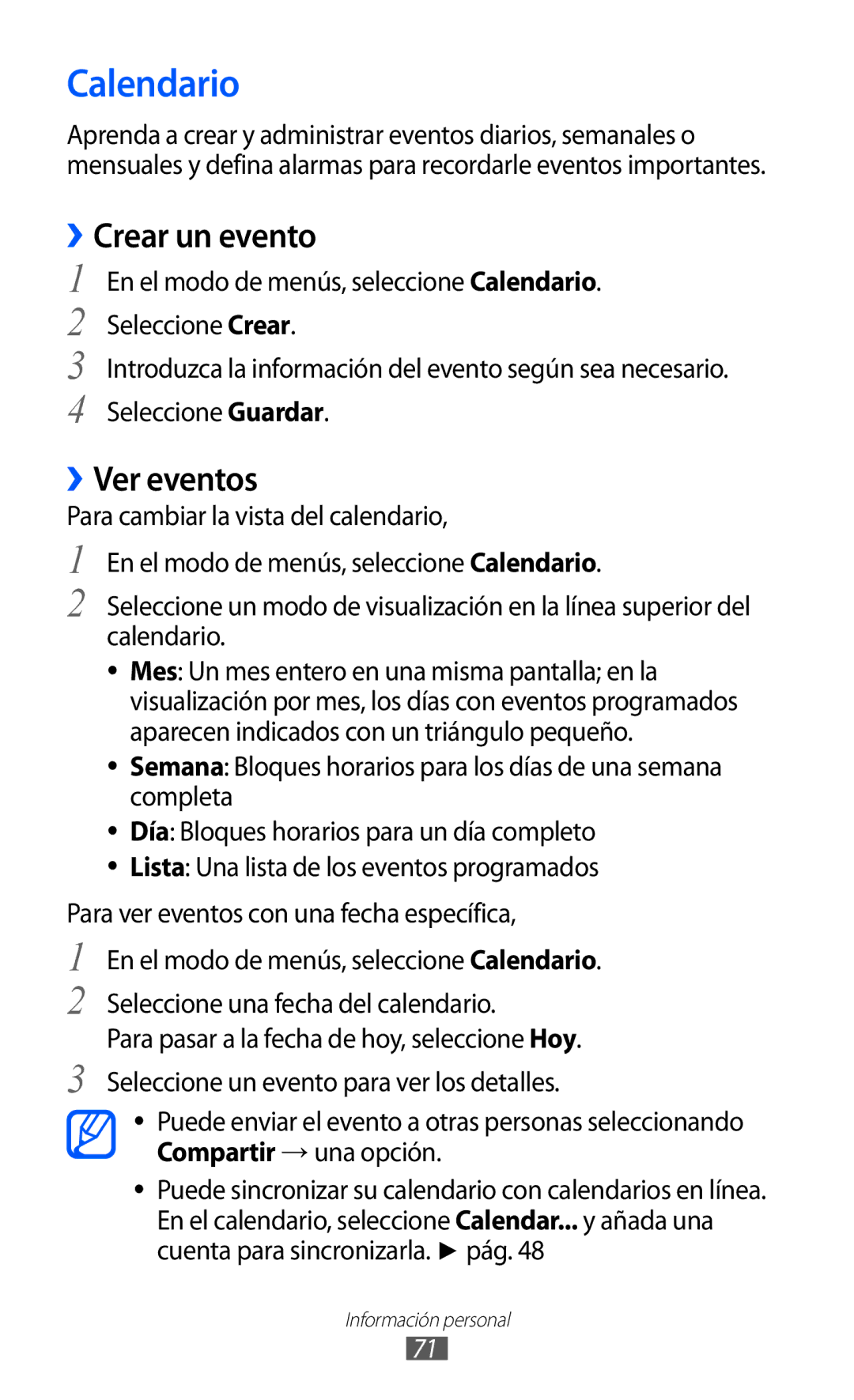 Samsung GT-S5380SSDPHE, GT-S5380SSAPHE, GT-S5380SSAFOP manual Calendario, ››Crear un evento, ››Ver eventos 