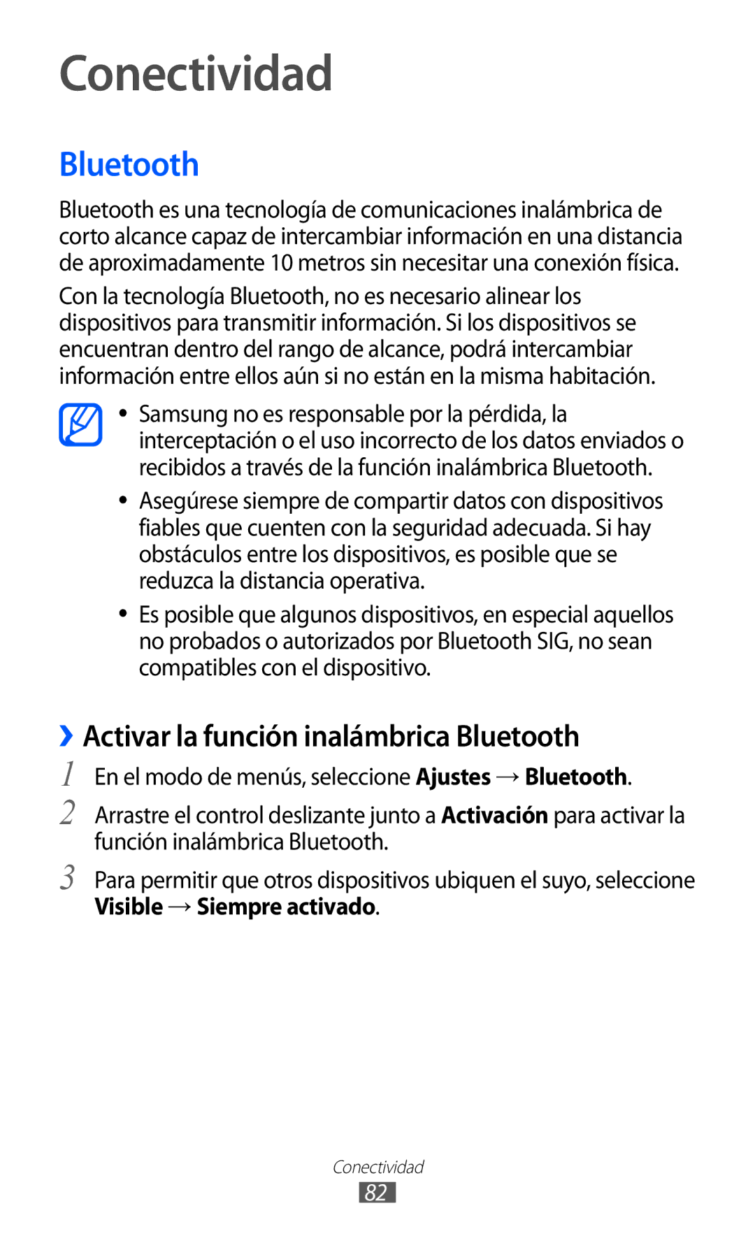 Samsung GT-S5380SSAFOP manual Conectividad, ››Activar la función inalámbrica Bluetooth, Visible → Siempre activado 