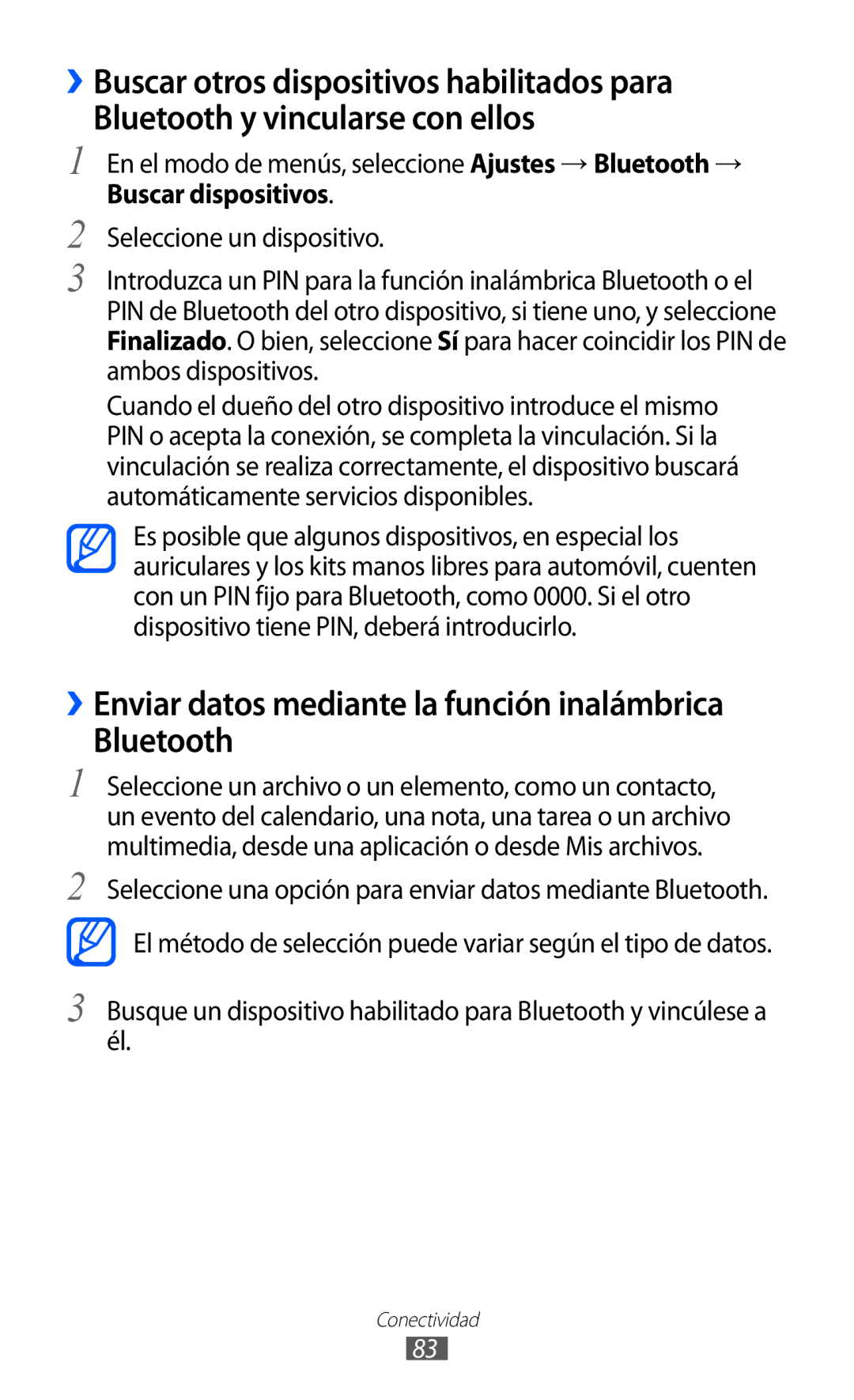 Samsung GT-S5380SSDPHE, GT-S5380SSAPHE manual En el modo de menús, seleccione Ajustes → Bluetooth →, Buscar dispositivos 