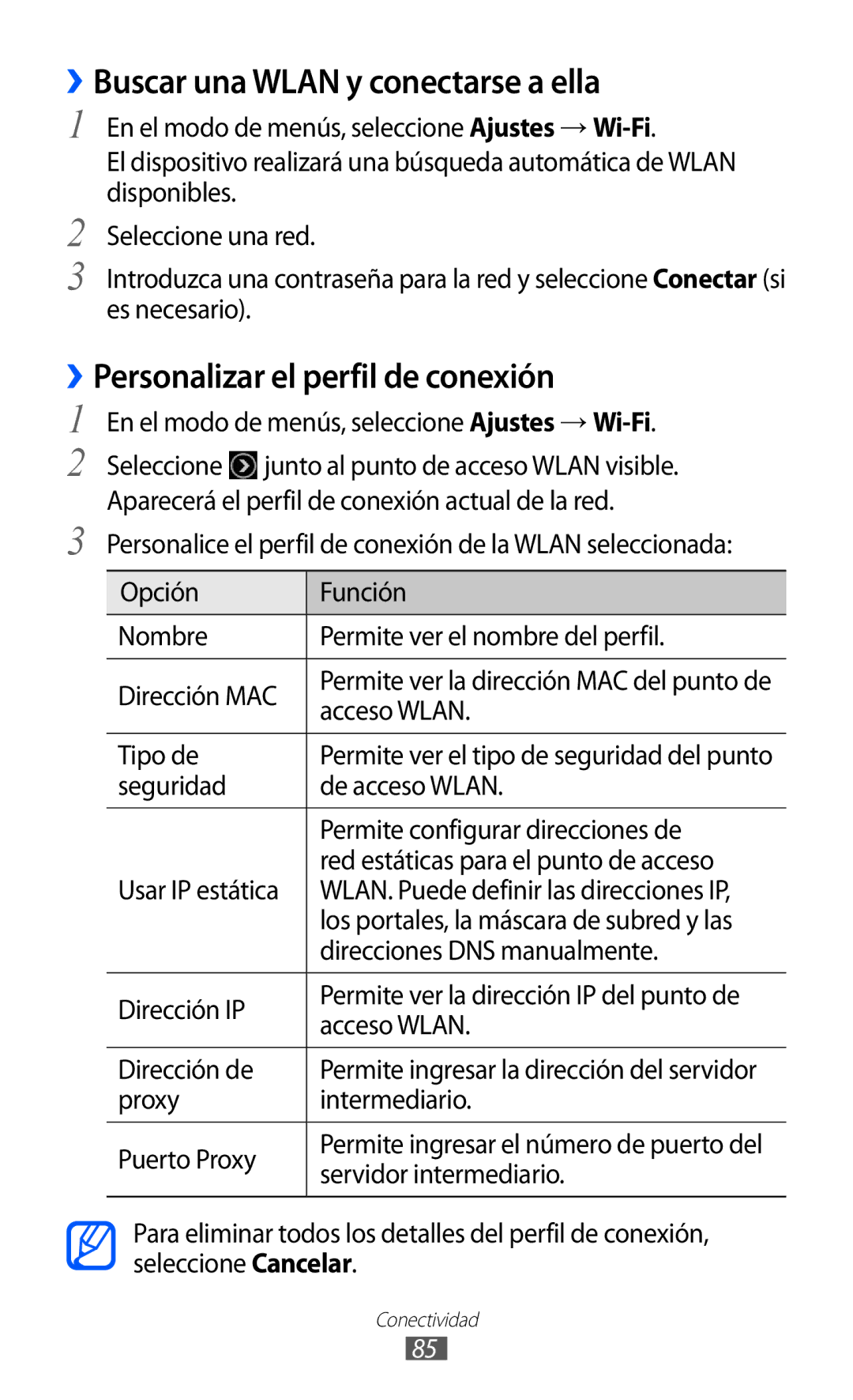 Samsung GT-S5380SSAFOP, GT-S5380SSAPHE manual ››Buscar una Wlan y conectarse a ella, ››Personalizar el perfil de conexión 