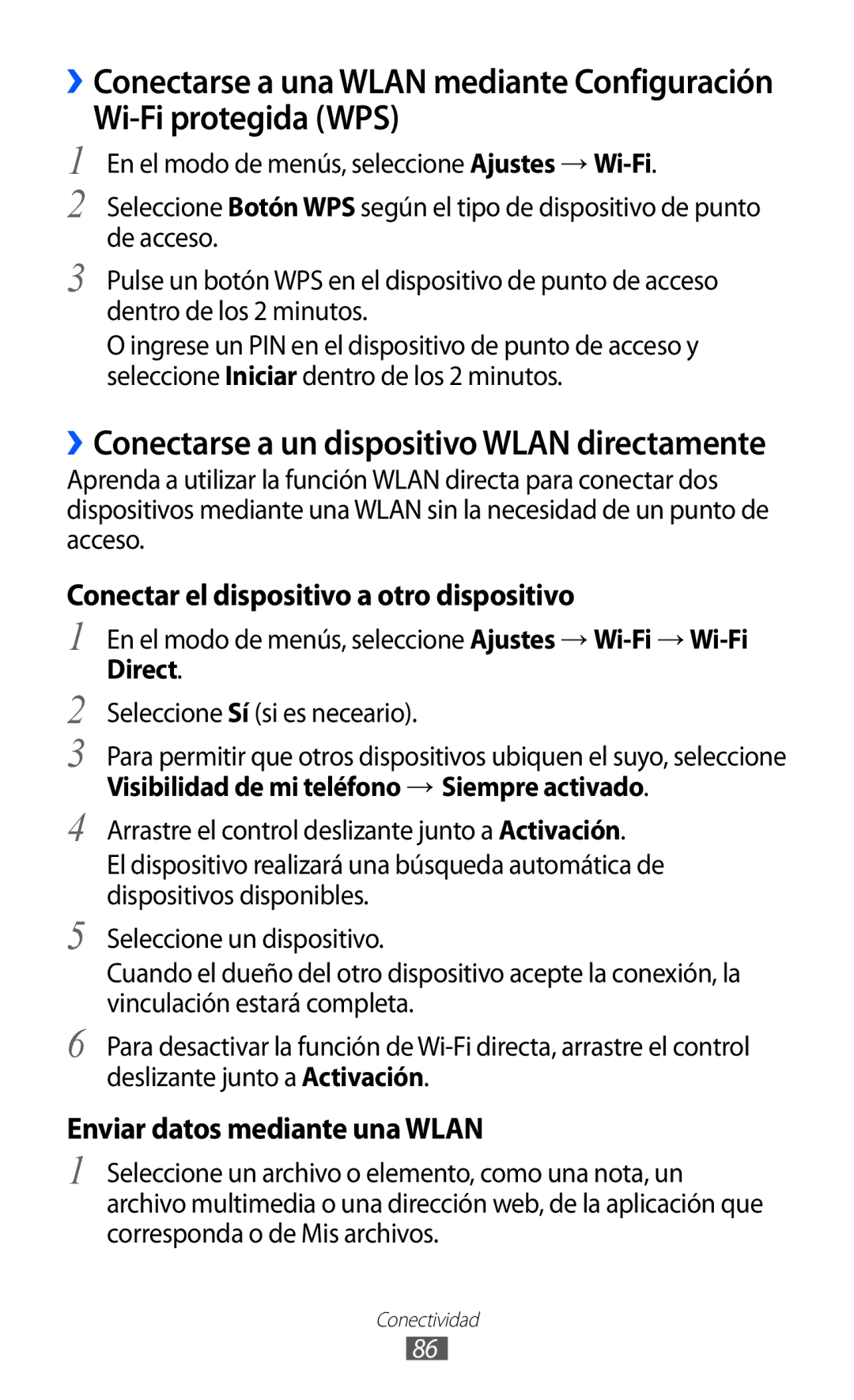 Samsung GT-S5380SSDPHE, GT-S5380SSAPHE Wi-Fi protegida WPS, En el modo de menús, seleccione Ajustes → Wi-Fi→ Wi-Fi, Direct 