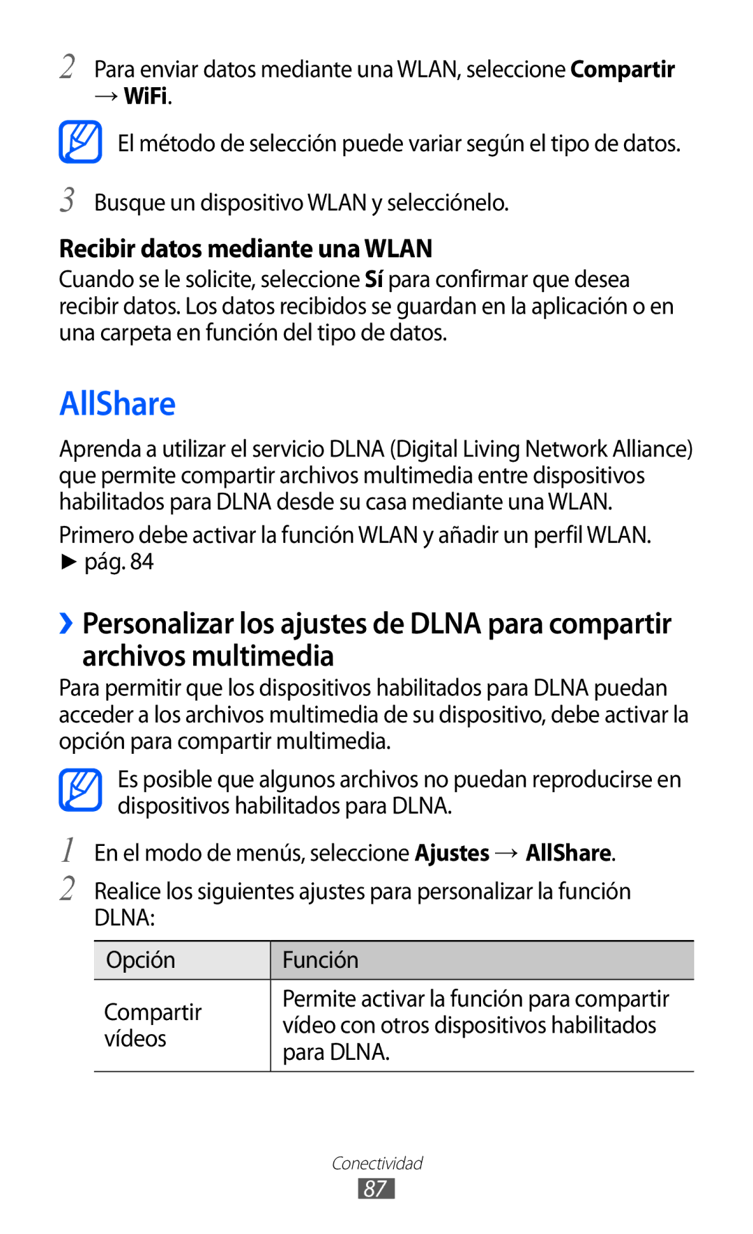 Samsung GT-S5380SSAPHE, GT-S5380SSAFOP manual AllShare, → WiFi, Busque un dispositivo Wlan y selecciónelo, Vídeos, Para Dlna 