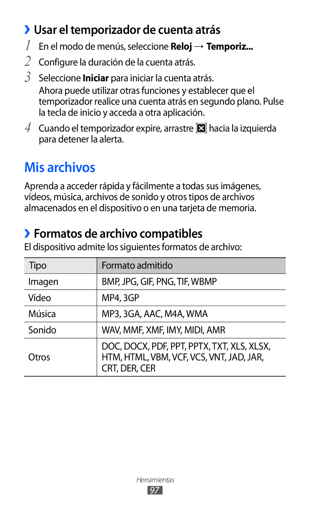 Samsung GT-S5380SSAFOP manual Mis archivos, ››Usar el temporizador de cuenta atrás, Vídeo MP4, 3GP Música, Sonido, Otros 