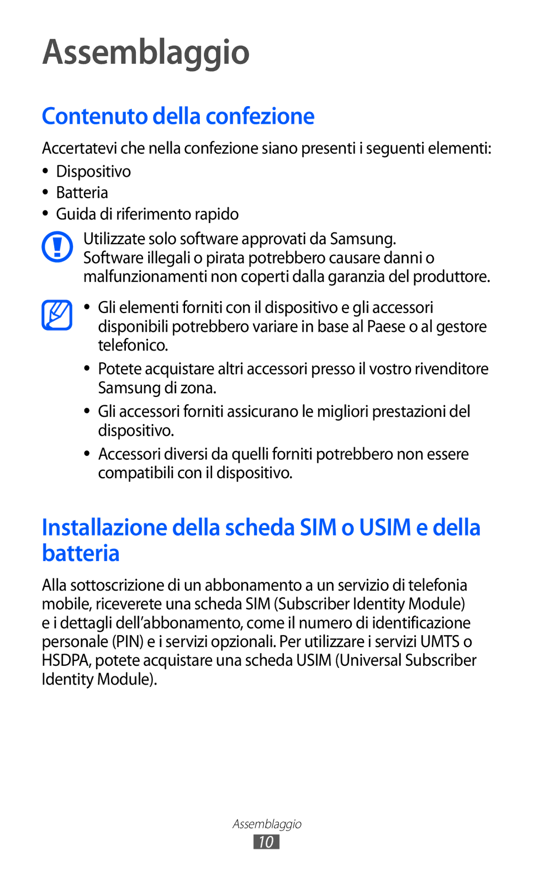 Samsung GT-S5380SSDTIM Assemblaggio, Contenuto della confezione, Installazione della scheda SIM o Usim e della batteria 