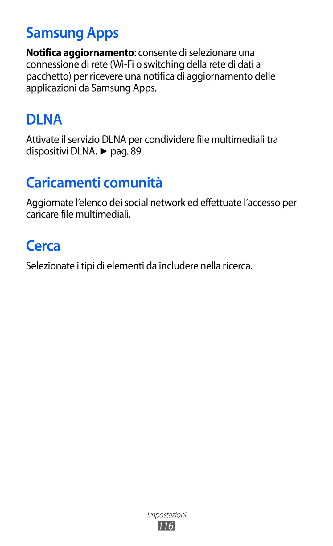 Samsung GT-S5380SSDHUI manual Caricamenti comunità, Cerca, Selezionate i tipi di elementi da includere nella ricerca, 116 