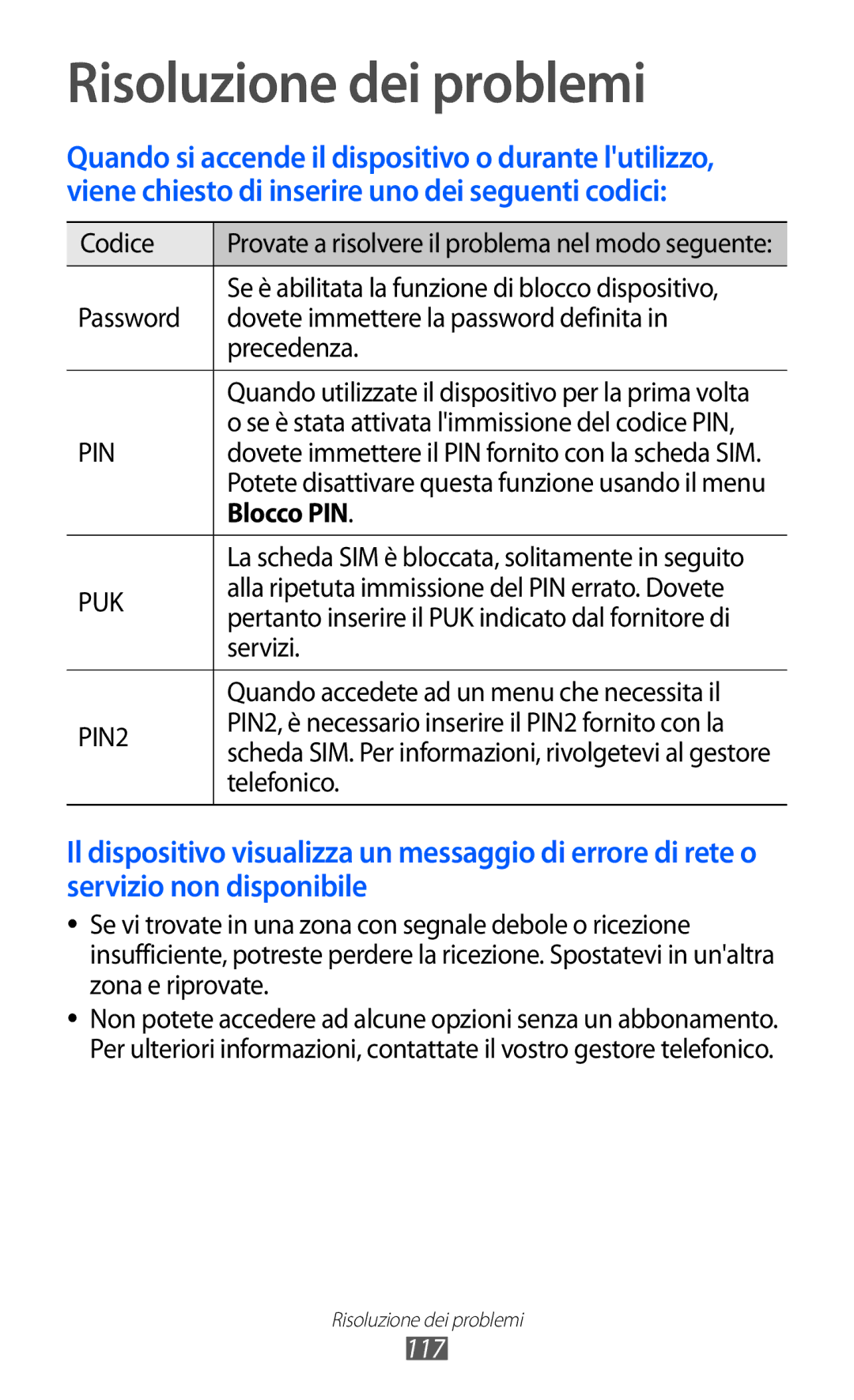 Samsung GT-S5380SSAOMN, GT-S5380SSAWIN, GT-S5380SSATIM, GT-S5380SSDFWB manual Risoluzione dei problemi, Blocco PIN, 117 