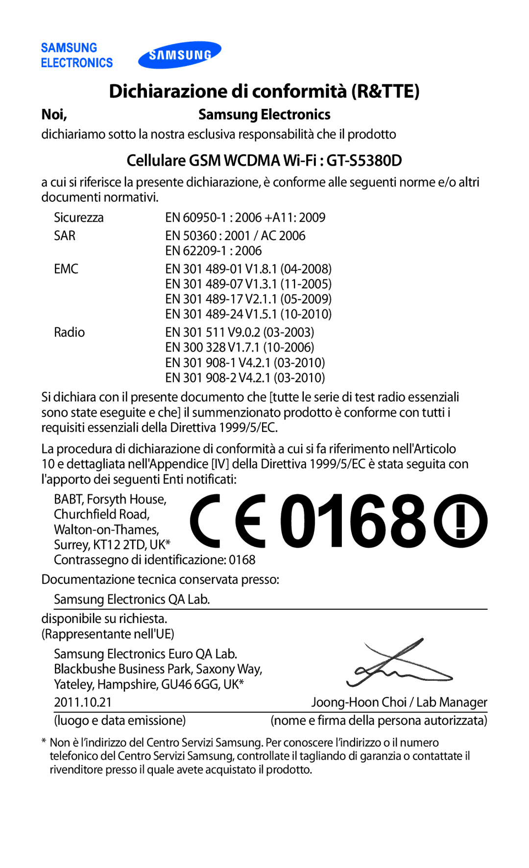 Samsung GT-S5380SSAITV, GT-S5380SSAWIN manual Dichiarazione di conformità R&TTE, Cellulare GSM Wcdma Wi-Fi GT-S5380D 