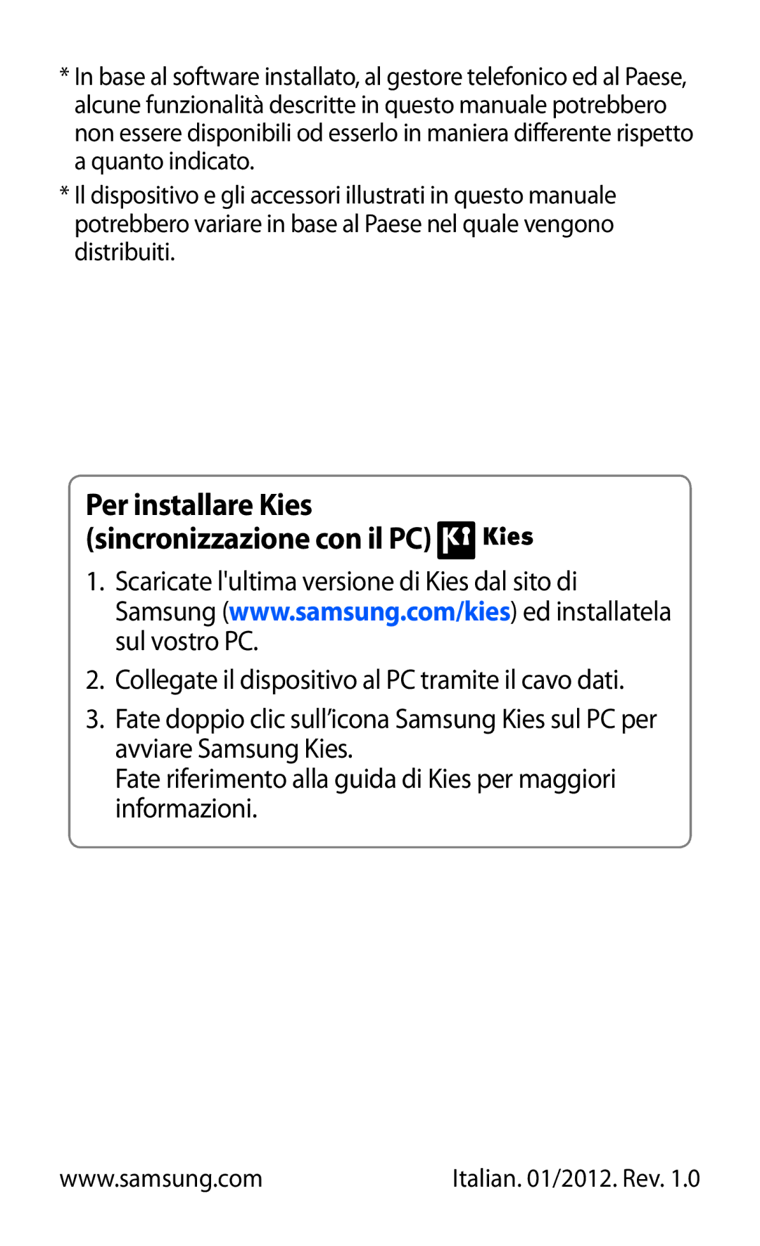 Samsung GT-S5380SSAWIN, GT-S5380SSATIM, GT-S5380SSDFWB, GT-S5380SSDOMN manual Per installare Kies sincronizzazione con il PC 