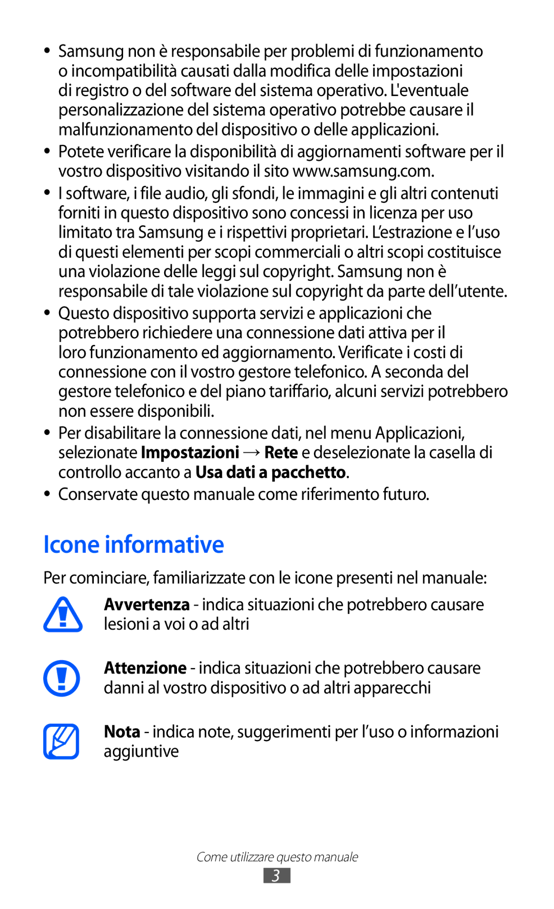 Samsung GT-S5380SSDOMN, GT-S5380SSAWIN, GT-S5380SSATIM Icone informative, Conservate questo manuale come riferimento futuro 