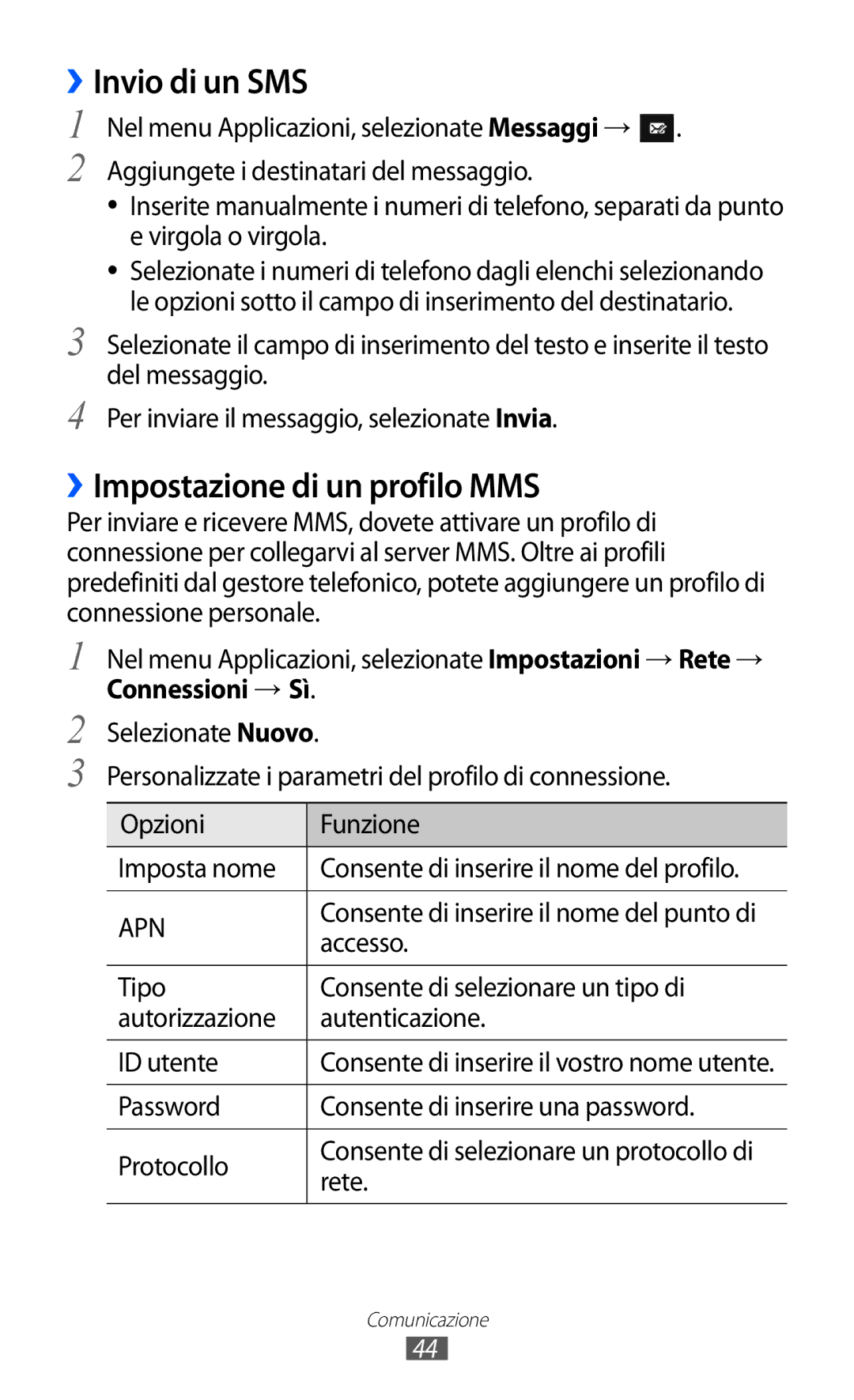 Samsung GT-S5380SSDFWB, GT-S5380SSAWIN, GT-S5380SSATIM ››Invio di un SMS, ››Impostazione di un profilo MMS, Accesso, Rete 