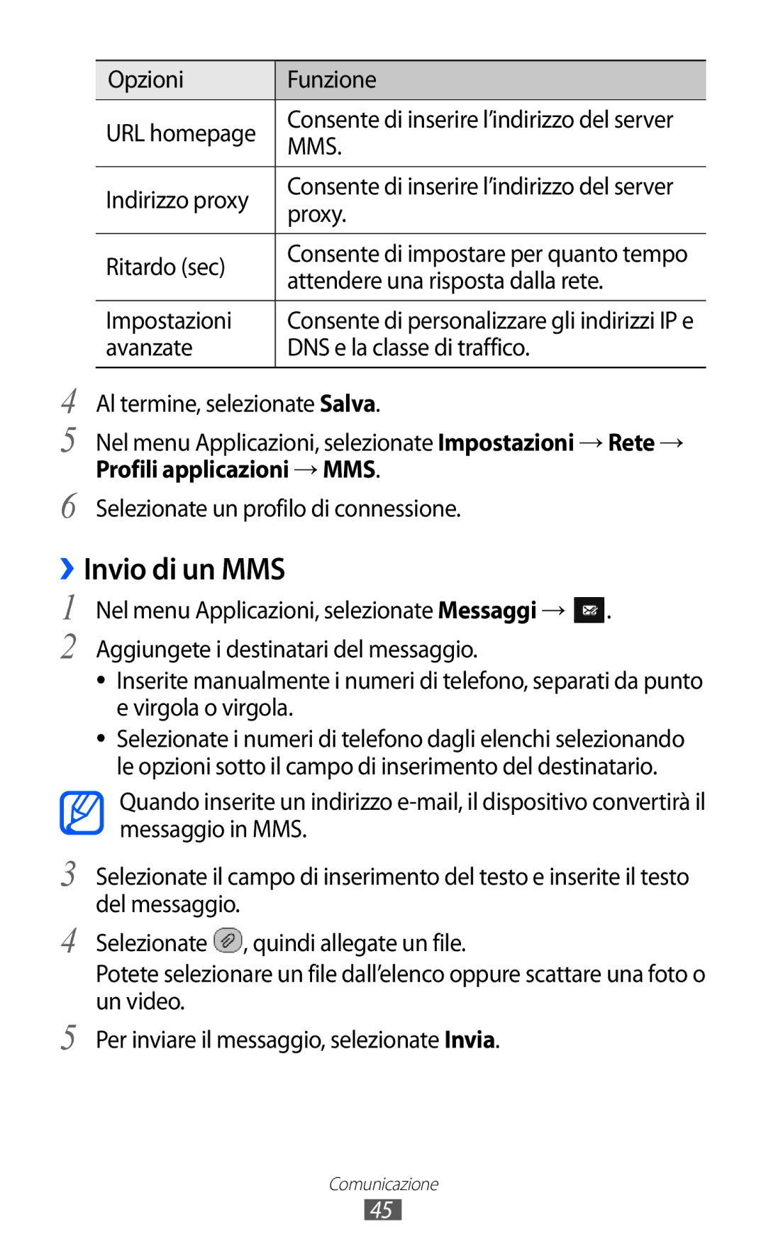 Samsung GT-S5380SSDOMN, GT-S5380SSAWIN, GT-S5380SSATIM, GT-S5380SSDFWB manual ››Invio di un MMS, Profili applicazioni → MMS 