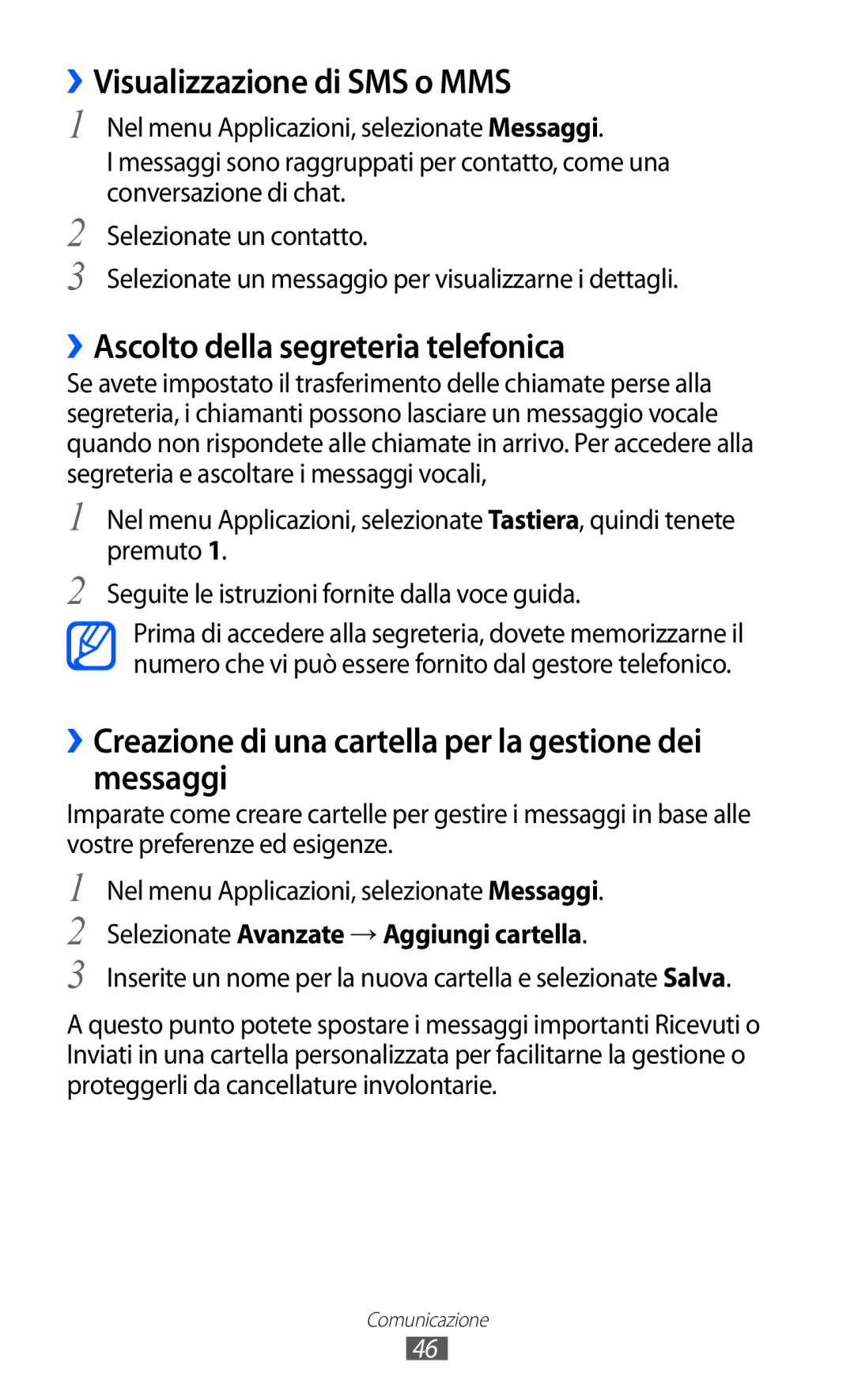 Samsung GT-S5380SSDHUI, GT-S5380SSAWIN manual ››Visualizzazione di SMS o MMS, ››Ascolto della segreteria telefonica 