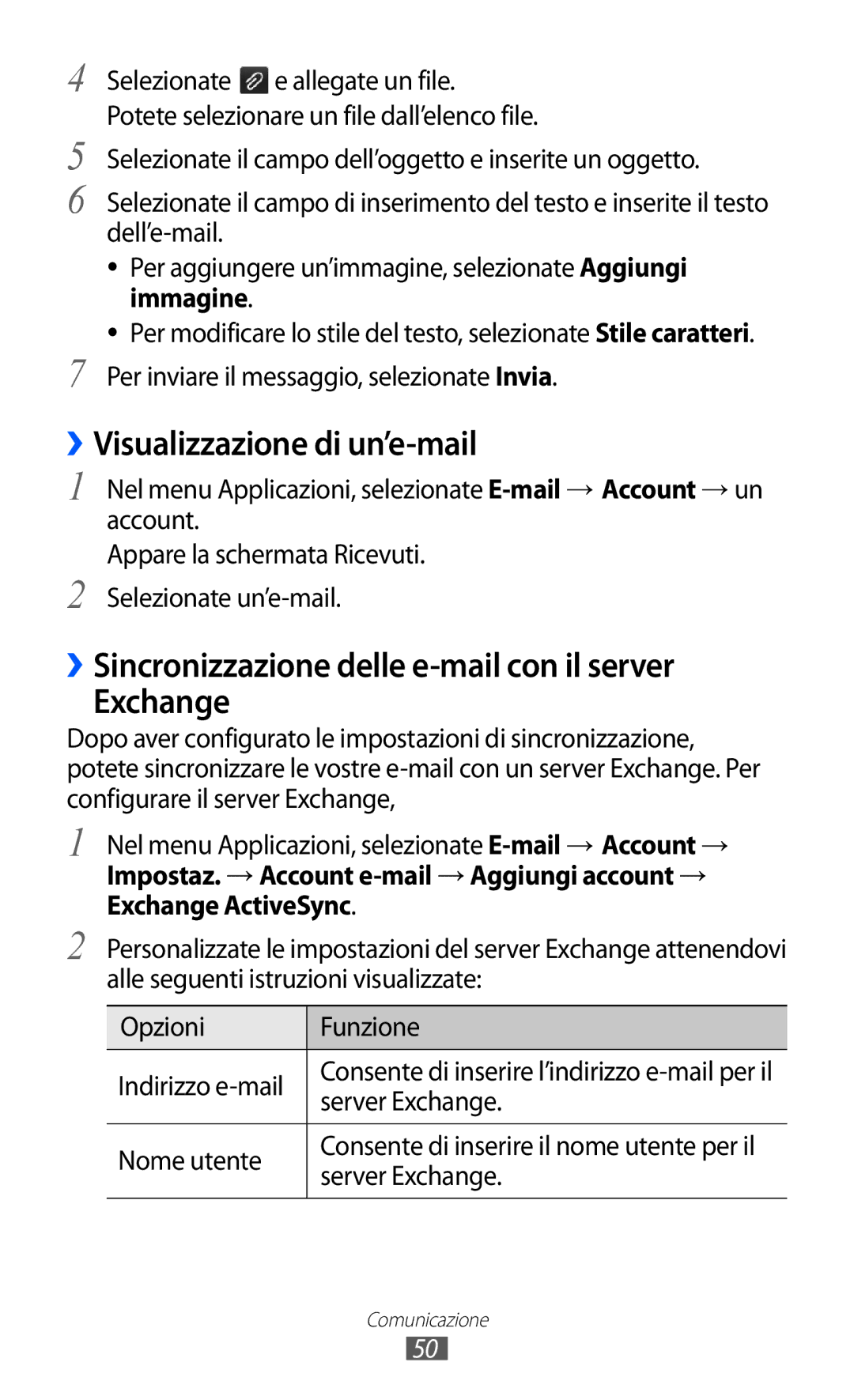 Samsung GT-S5380PWATIM manual ››Visualizzazione di un’e-mail, ››Sincronizzazione delle e-mail con il server Exchange 