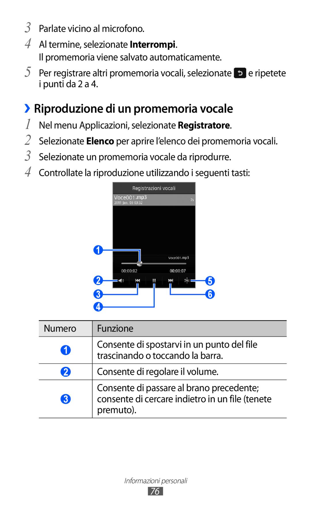 Samsung GT-S5380PWDOMN ››Riproduzione di un promemoria vocale, Consente di cercare indietro in un file tenete premuto 