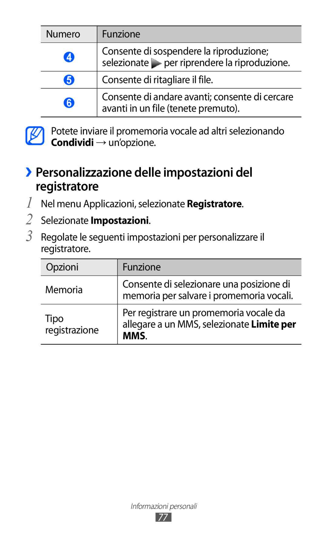 Samsung GT-S5380CSAITV, GT-S5380SSAWIN, GT-S5380SSATIM manual ››Personalizzazione delle impostazioni del registratore, Tipo 