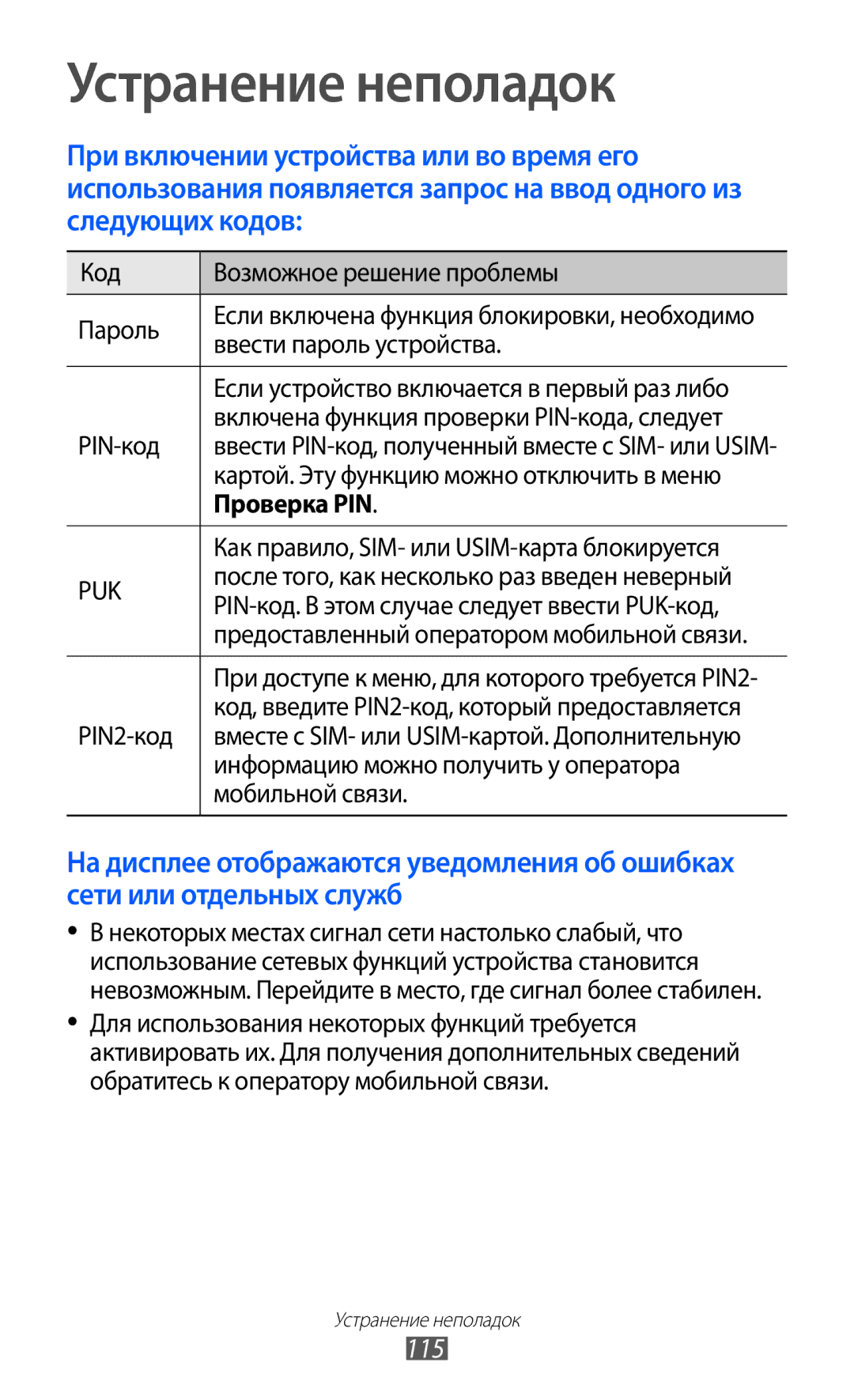 Samsung GT-S5380WRDSER, GT-S5380SSDSER, GT-S5380PWDSER, GT-S5380SSDSVZ manual Устранение неполадок, 115, Проверка PIN 