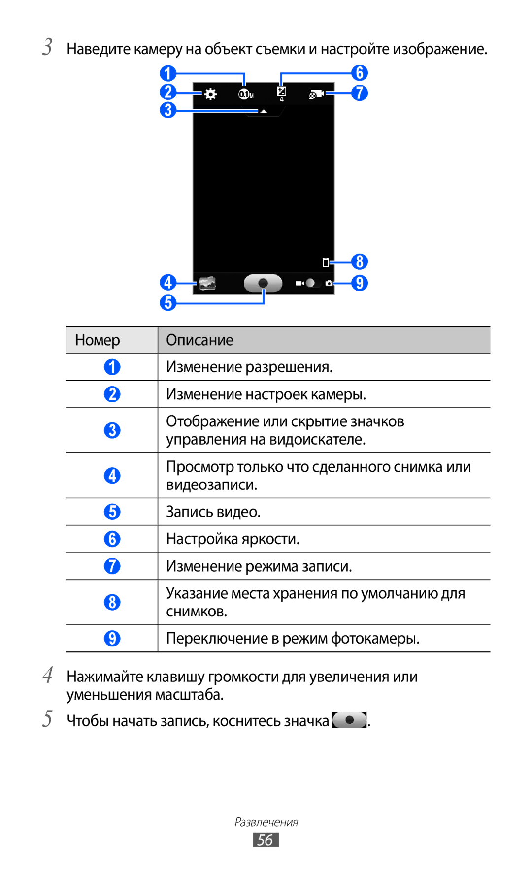 Samsung GT-S5380PWDSER, GT-S5380SSDSER, GT-S5380WRDSER manual Наведите камеру на объект съемки и настройте изображение 