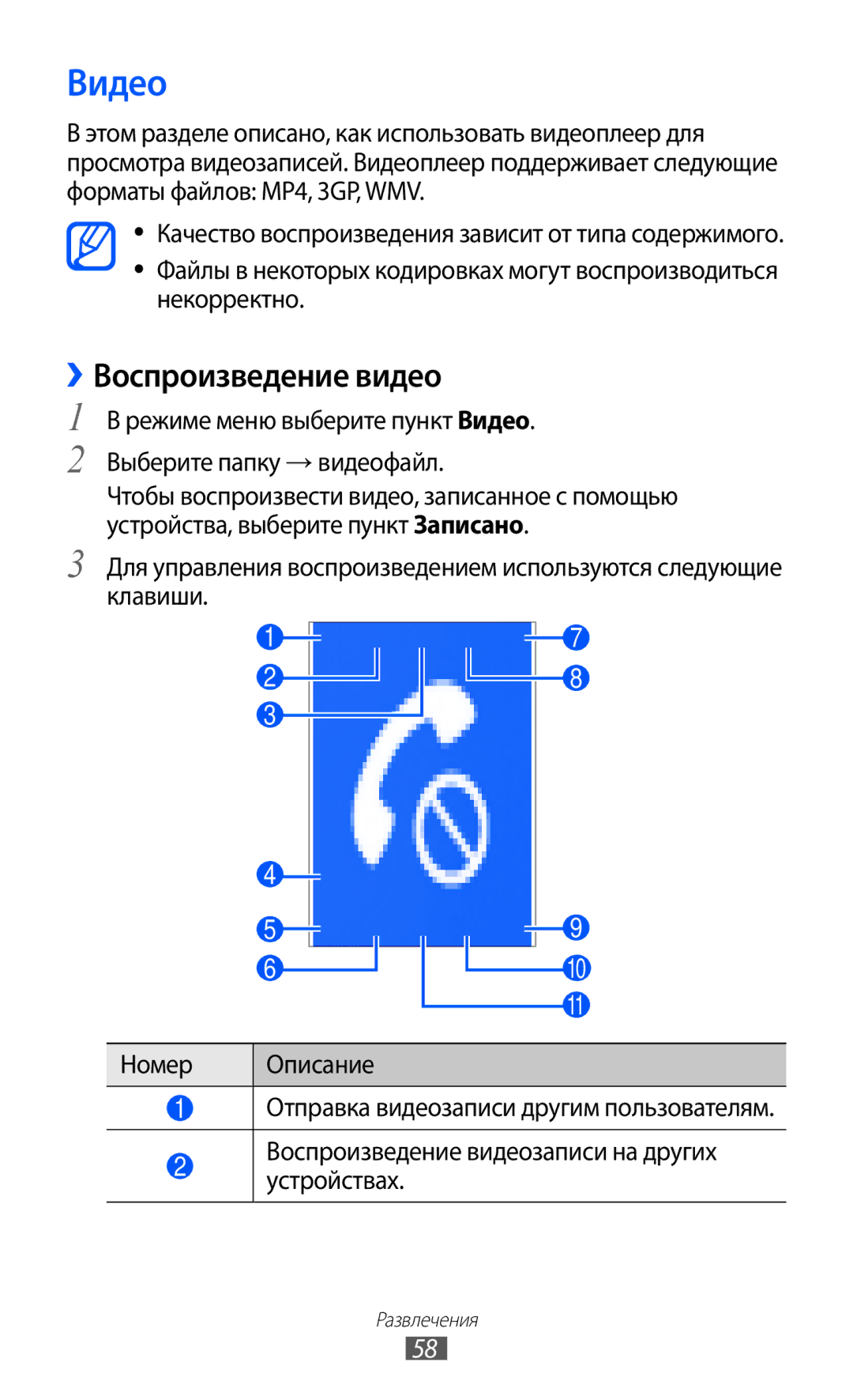 Samsung GT-S5380PWDSVZ manual ››Воспроизведение видео, Режиме меню выберите пункт Видео Выберите папку → видеофайл 